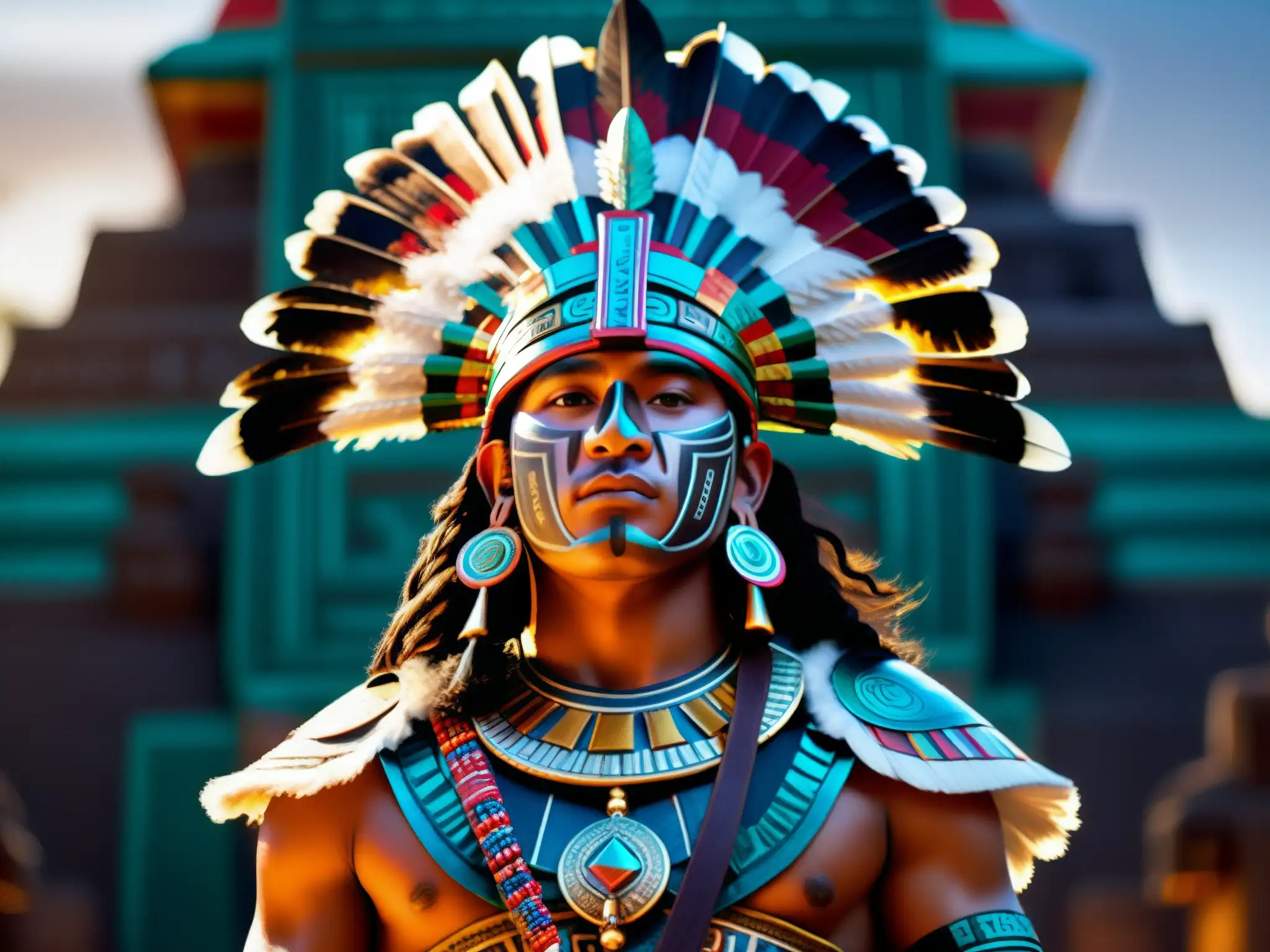 Un valiente guerrero azteca con atuendo ceremonial y un templo prehispánico en penumbra