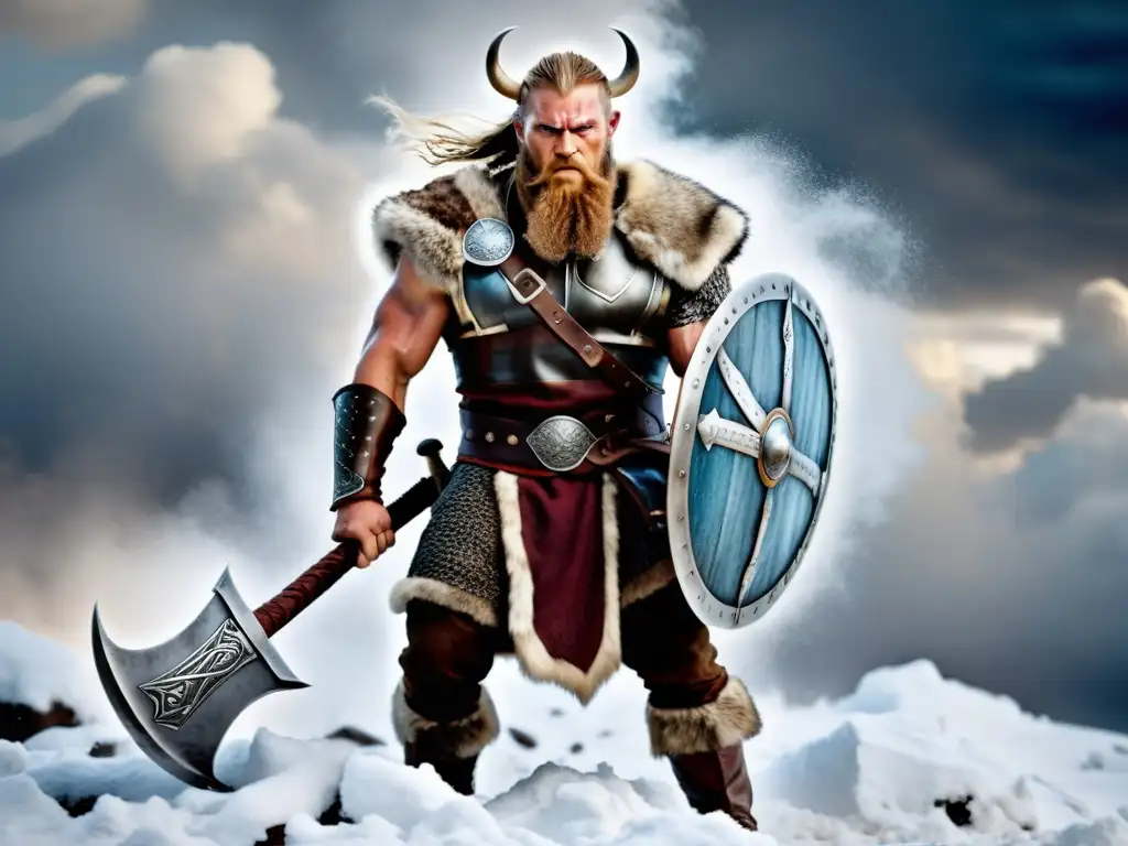 Un valiente guerrero vikingo con una expresión feroz se prepara para la batalla en medio de una tormenta de nieve