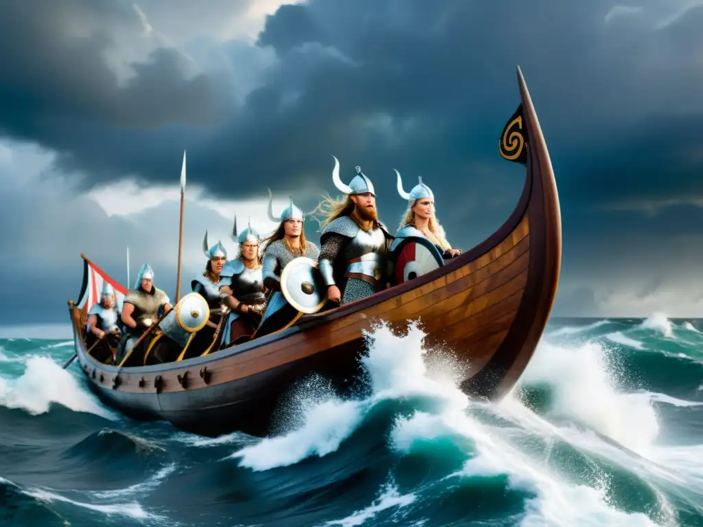 Valkirias en acción, navegando en un barco vikingo en medio de la tormenta mientras relámpagos iluminan el cielo