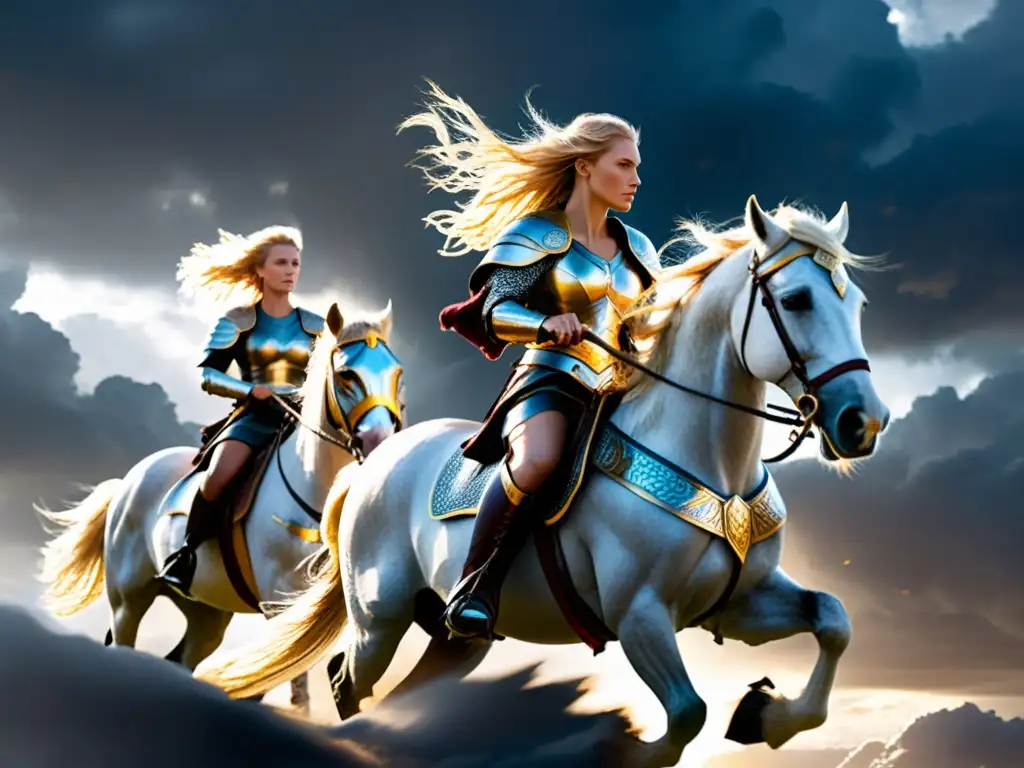Valkirias en majestuosos caballos alados, guerreras nobles con lanzas y escudos, surcan los cielos nórdicos tormentosos