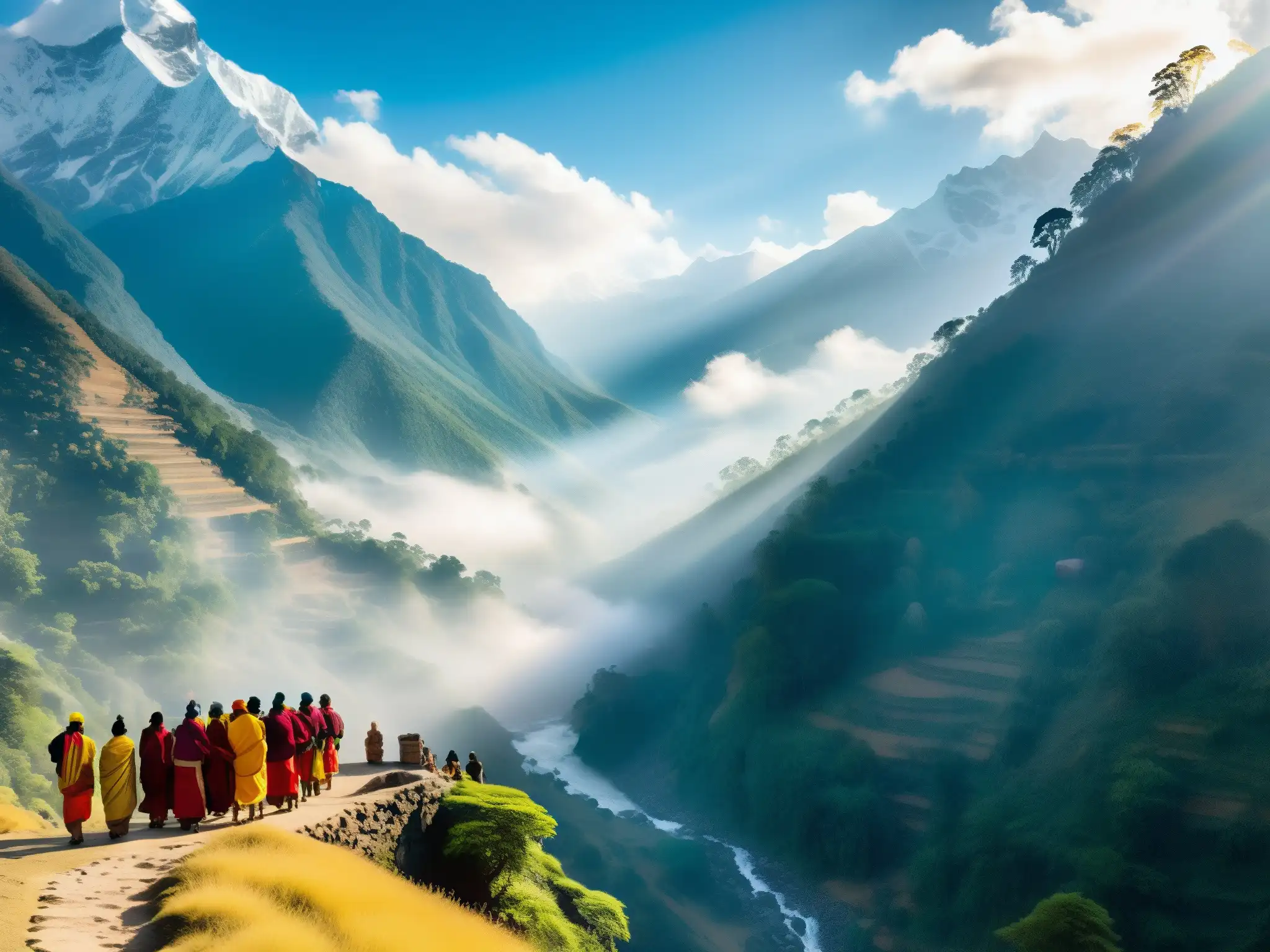 Valle de los Inmortales India mito: Paisaje místico de los majestuosos Himalayas, con templos antiguos y locales en atuendos tradicionales