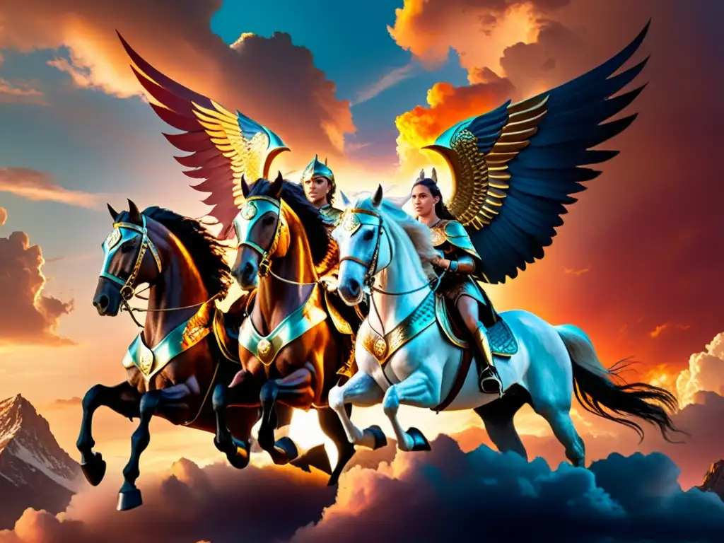 Valquirias en el destino vikingo: grupo de valquirias determinadas cabalgando en majestuosos caballos alados bajo un cielo dramático y vívido