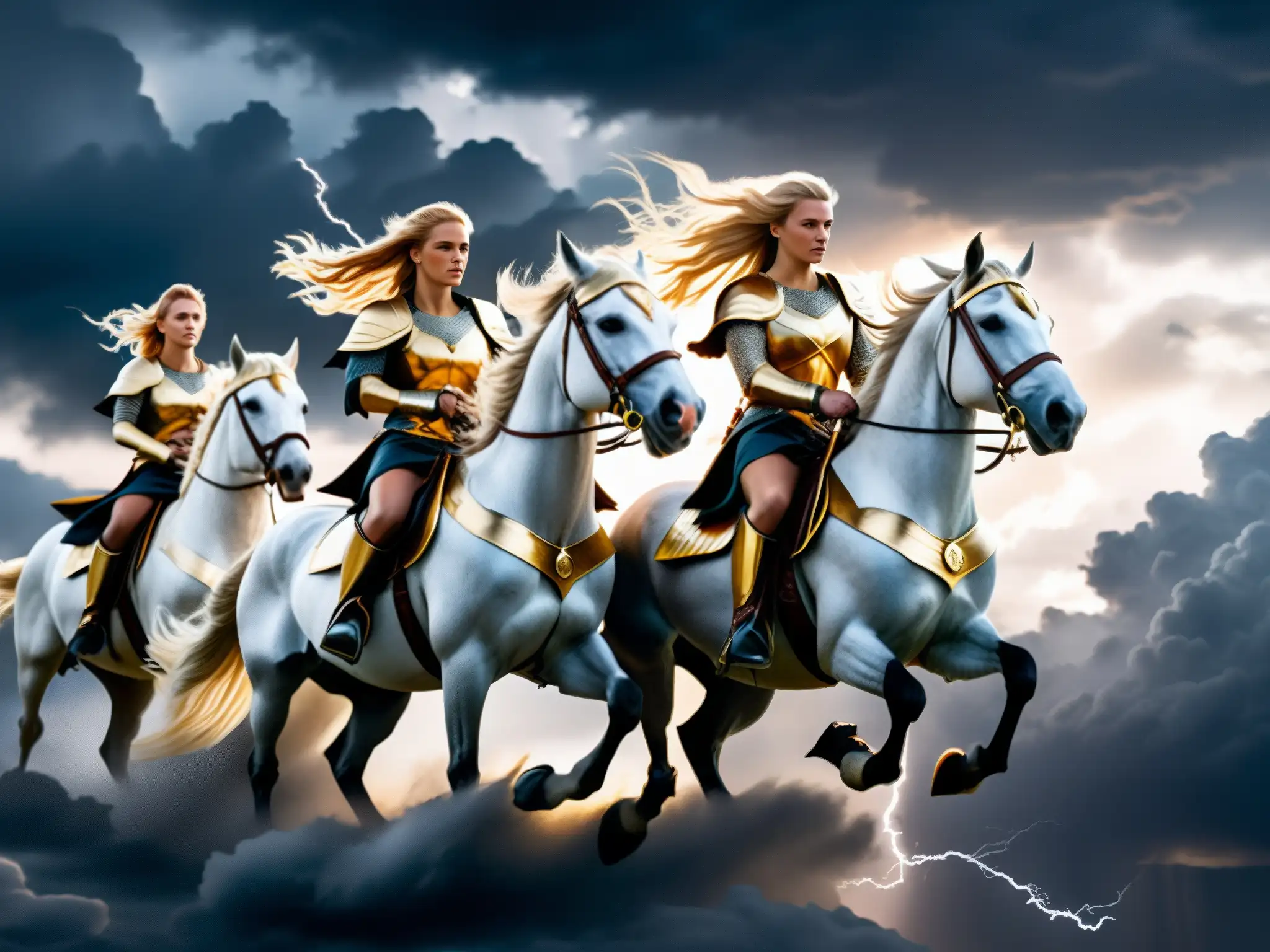Valquirias en el destino vikingo: grupo de valquirias en armadura nórdica, cabalgando en caballos alados bajo un cielo tormentoso y dramático
