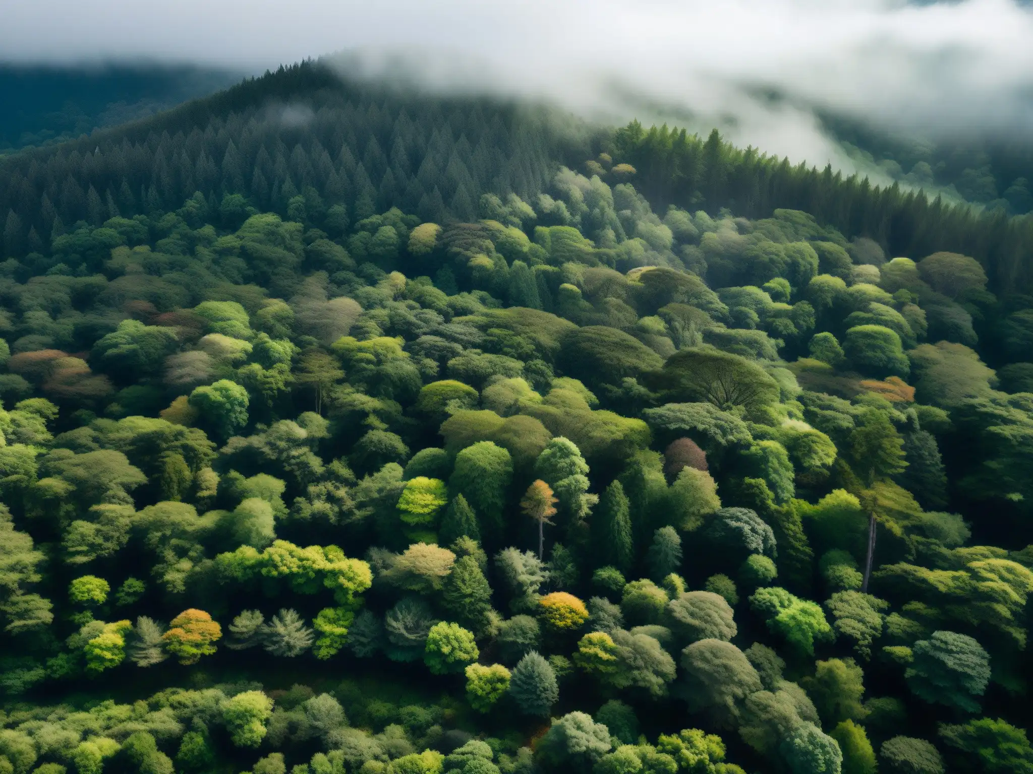 Una versión digital del bosque de suicidios Aokigahara, con su densa expanse de árboles bajo una atmósfera neblinosa y etérea
