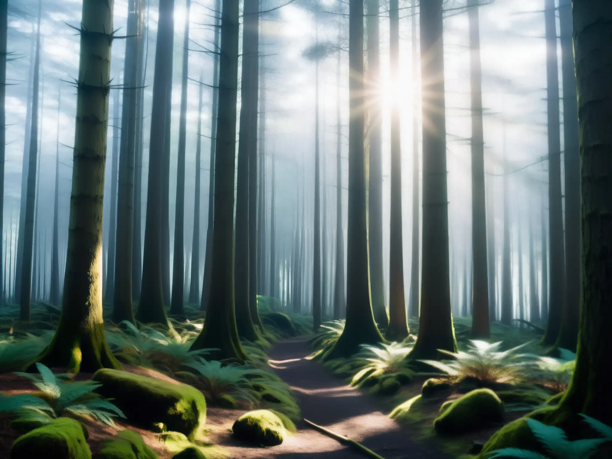 Versión digital del misterioso bosque de suicidios Aokigahara, con sombras y luz entre los altos árboles