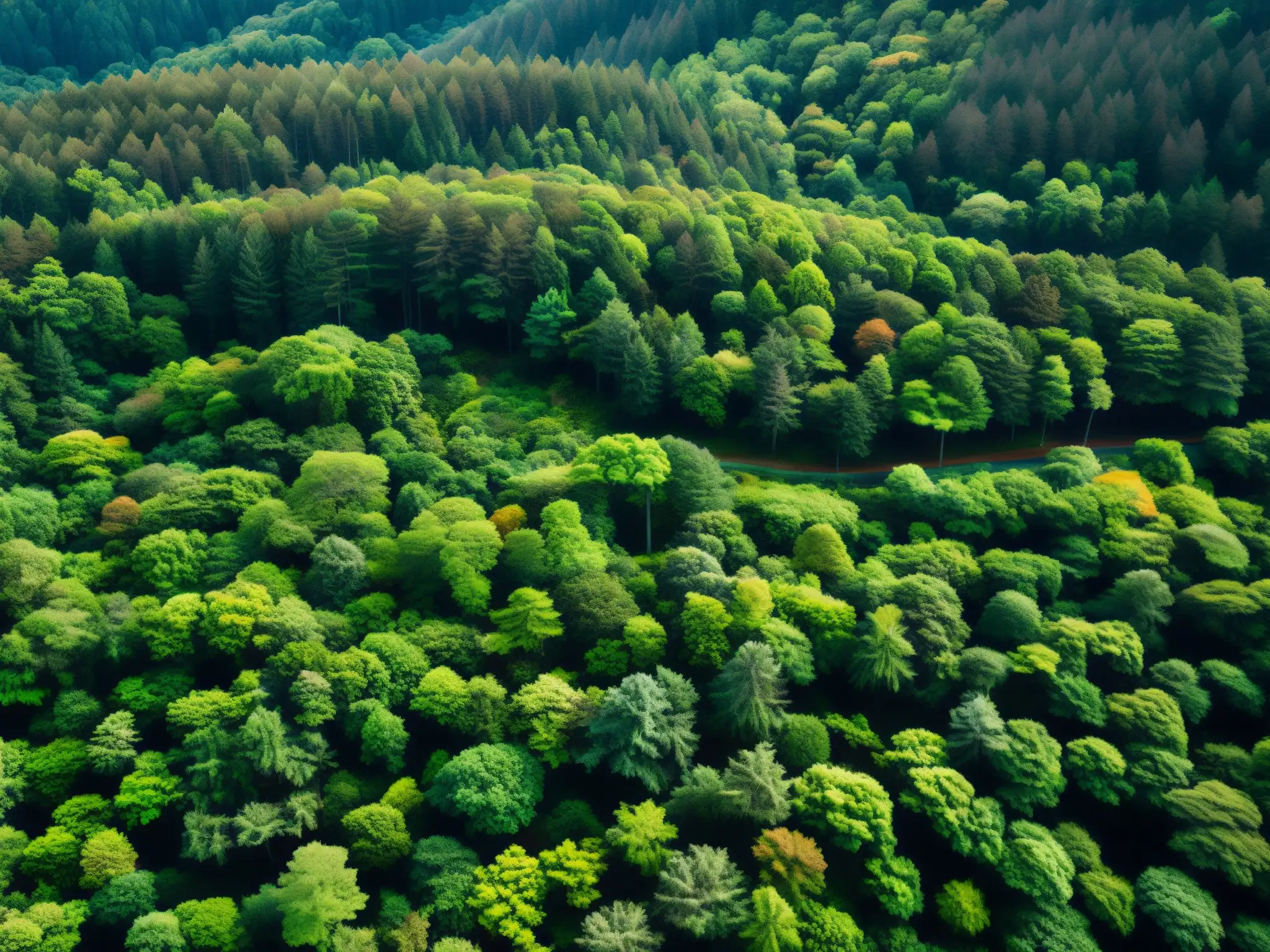 Versión digital del misterioso y hermoso bosque de suicidios Aokigahara, con densa vegetación y luz solar filtrándose entre los árboles
