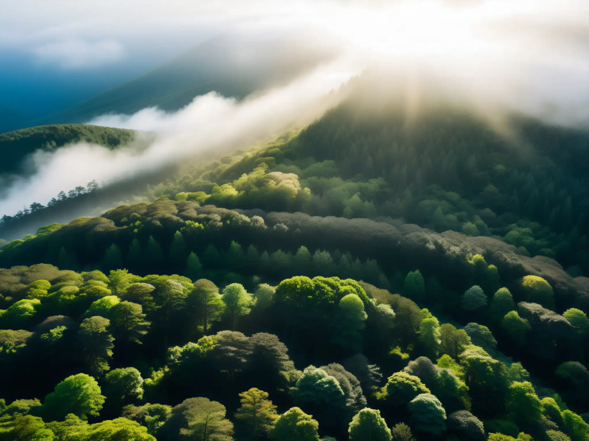 Versión digital bosque suicidios Aokigahara: Vista aérea del bosque envuelto en niebla dorada, con luz solar filtrándose entre los árboles
