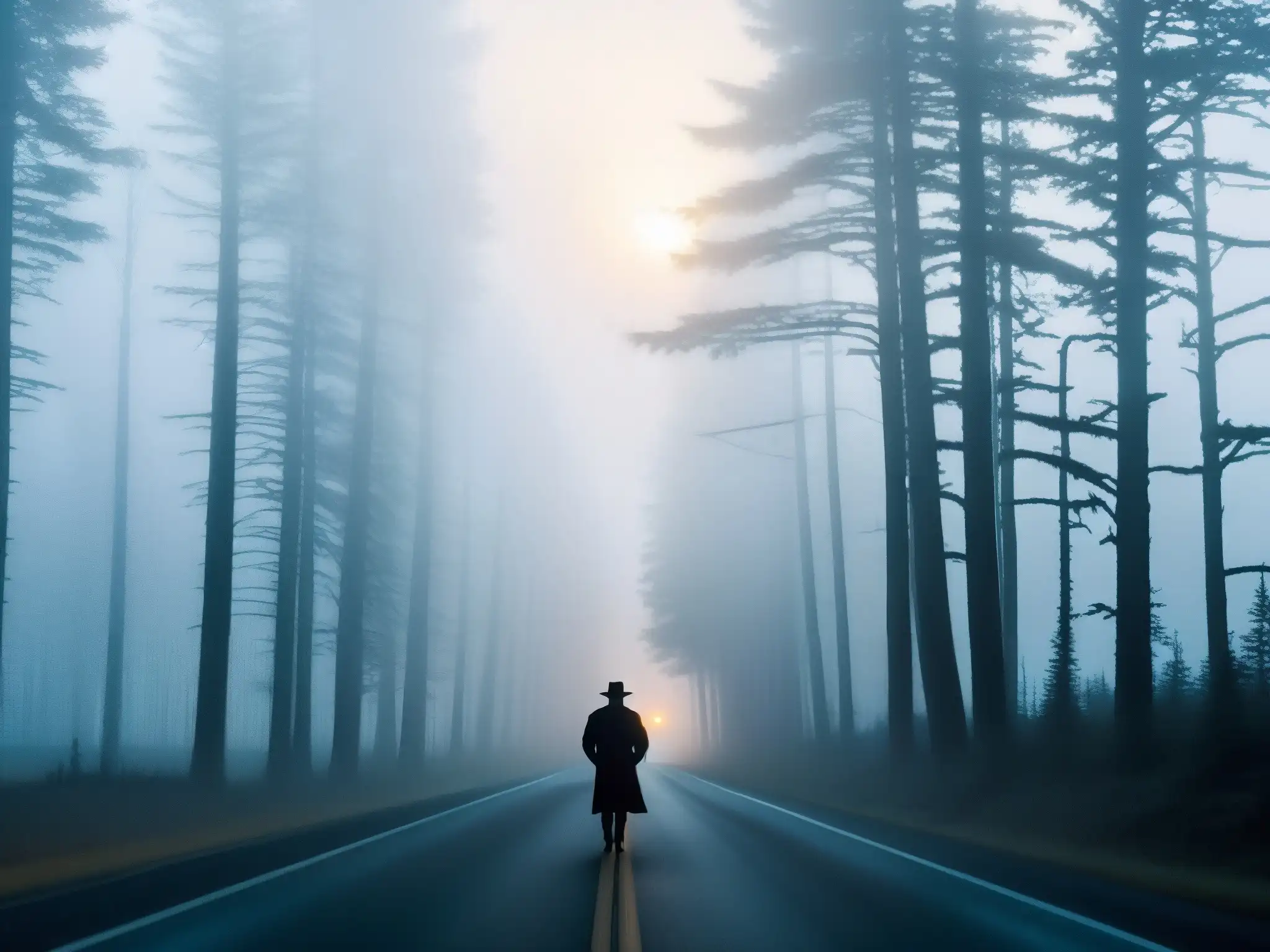 Un viajero solitario en la misteriosa y desolada carretera TransCanada Highway al anochecer, rodeado por un ambiente sobrenatural