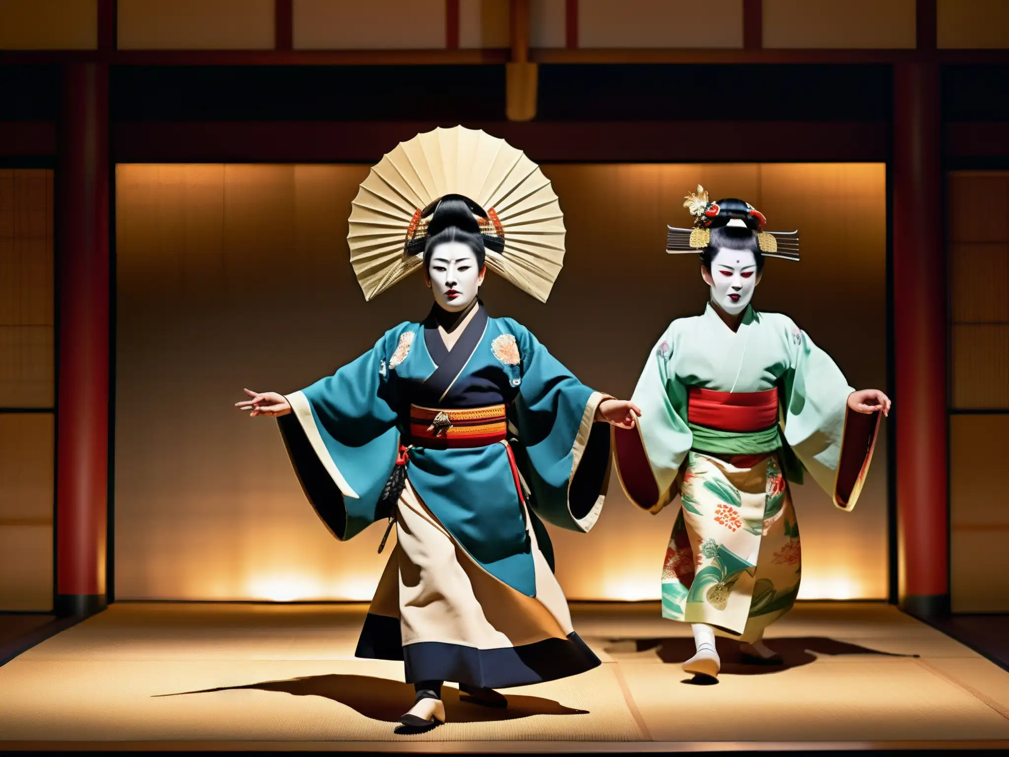 Vibrante actuación de teatro Noh japonés, resucitando mitos y folklore japonés con trajes detallados, máscaras expresivas y movimientos dramáticos
