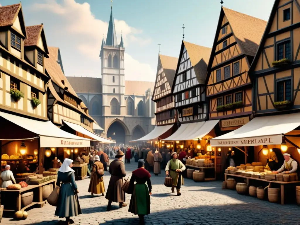 Vibrante ilustración de un bullicioso mercado medieval con supersticiones y leyendas urbanas Edad Media, lleno de vida y misterio