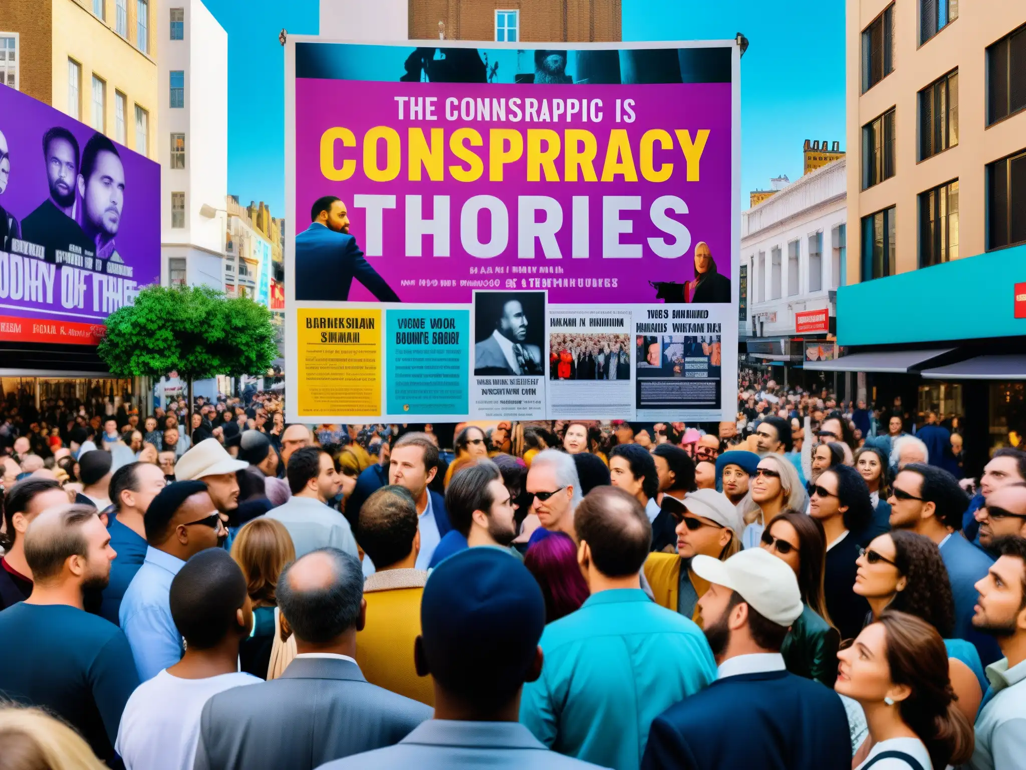 Vibrante calle de la ciudad con gente discutiendo sobre un póster de teorías de conspiración sobre la muerte de celebridades