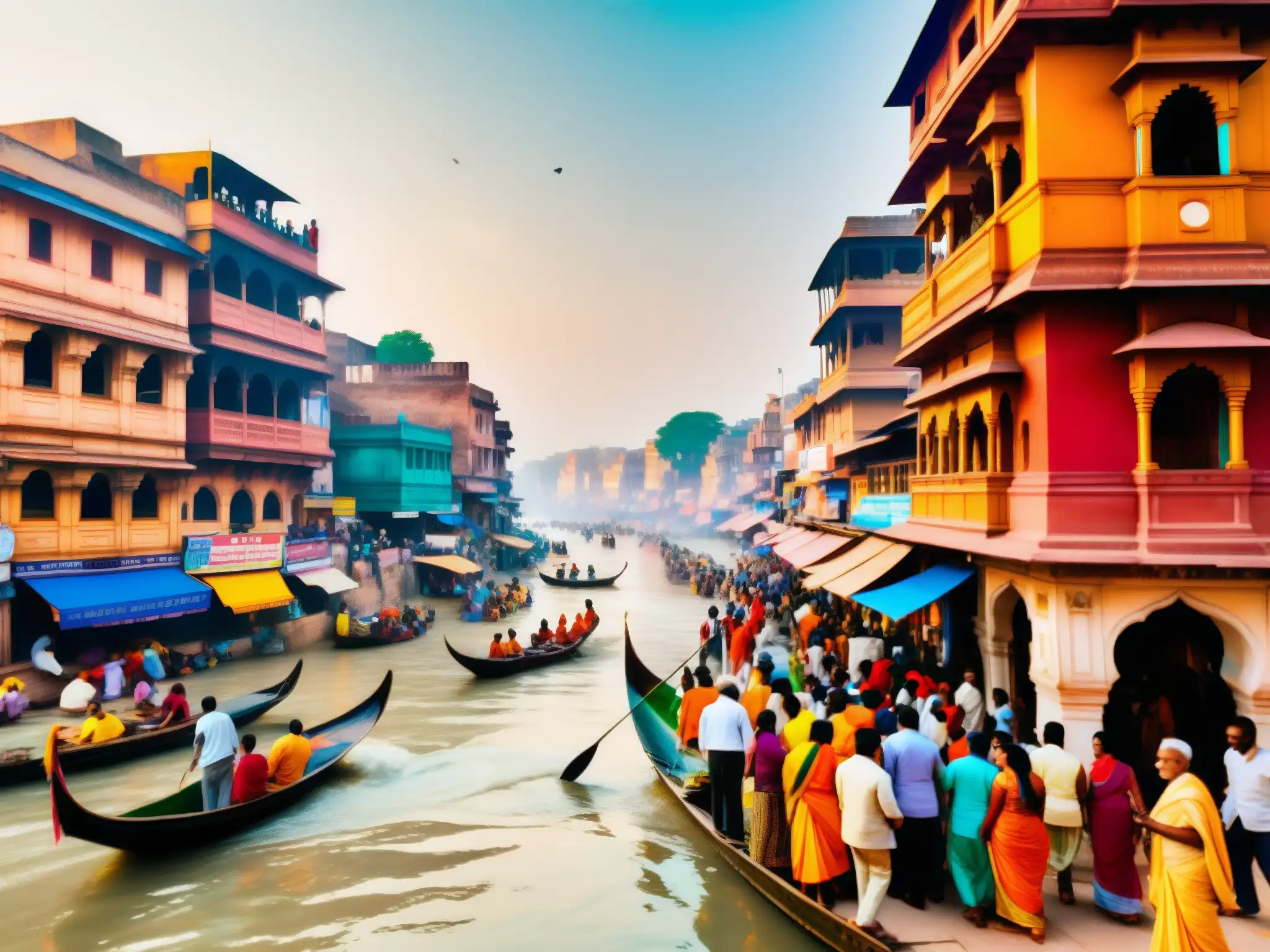 Vibrante calle de Varanasi, India, con colores tradicionales, arquitectura detallada y esencia espiritual