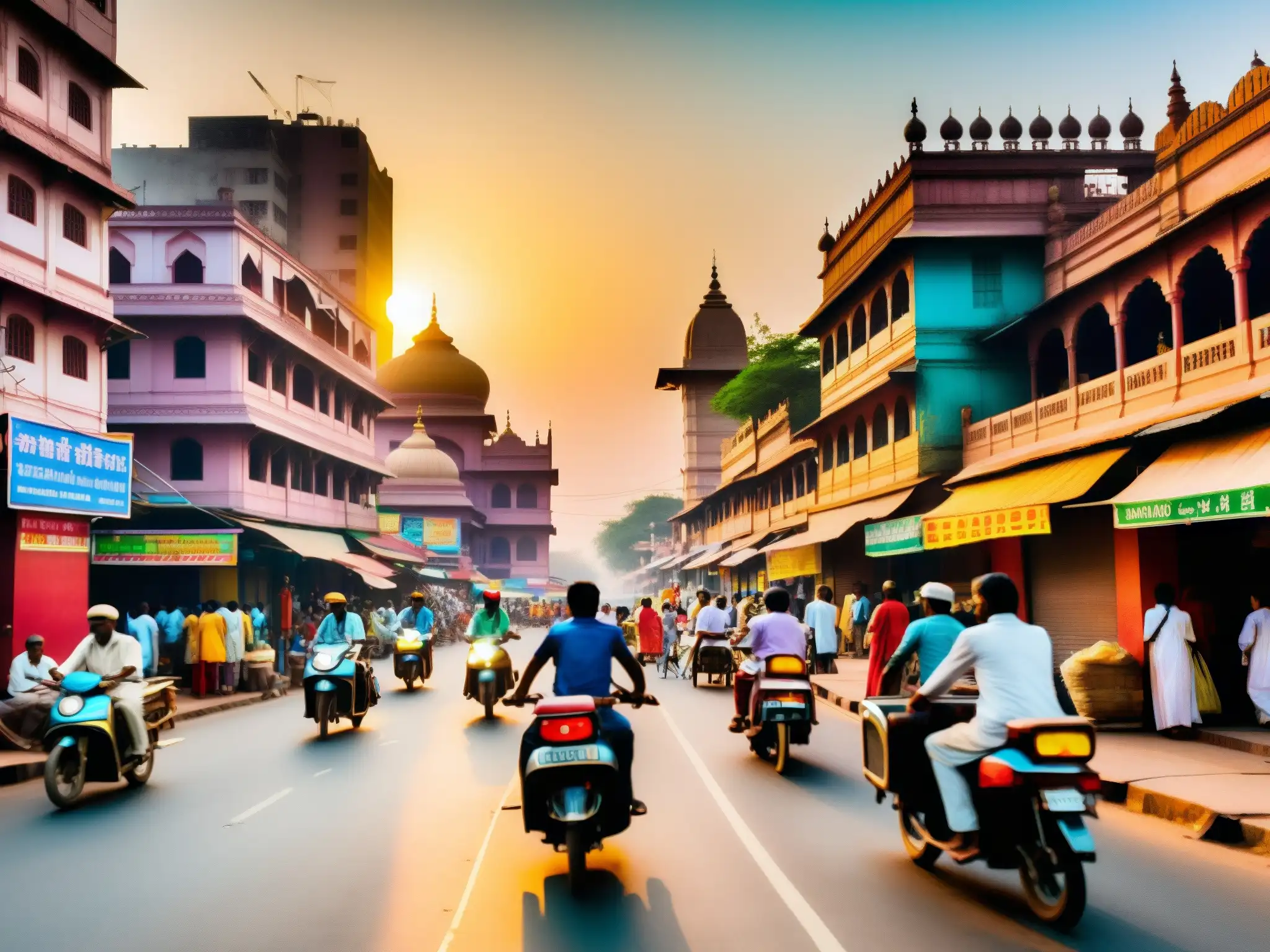 Vibrante calle de la India con edificios coloridos, puestos de mercado y una mezcla caótica de rickshaws, motocicletas y peatones