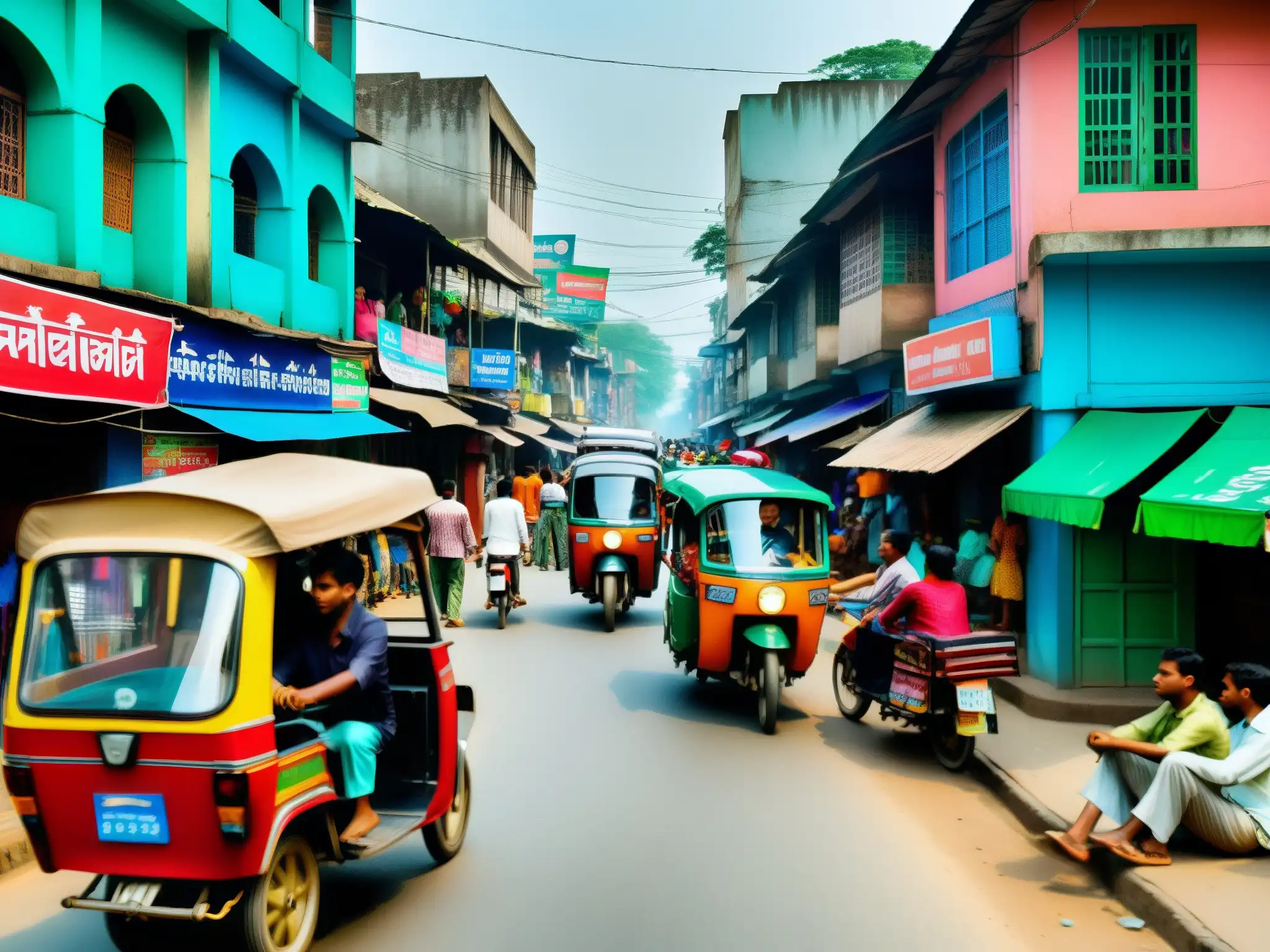 Vibrante calle de Bangladesh, llena de actividad y color