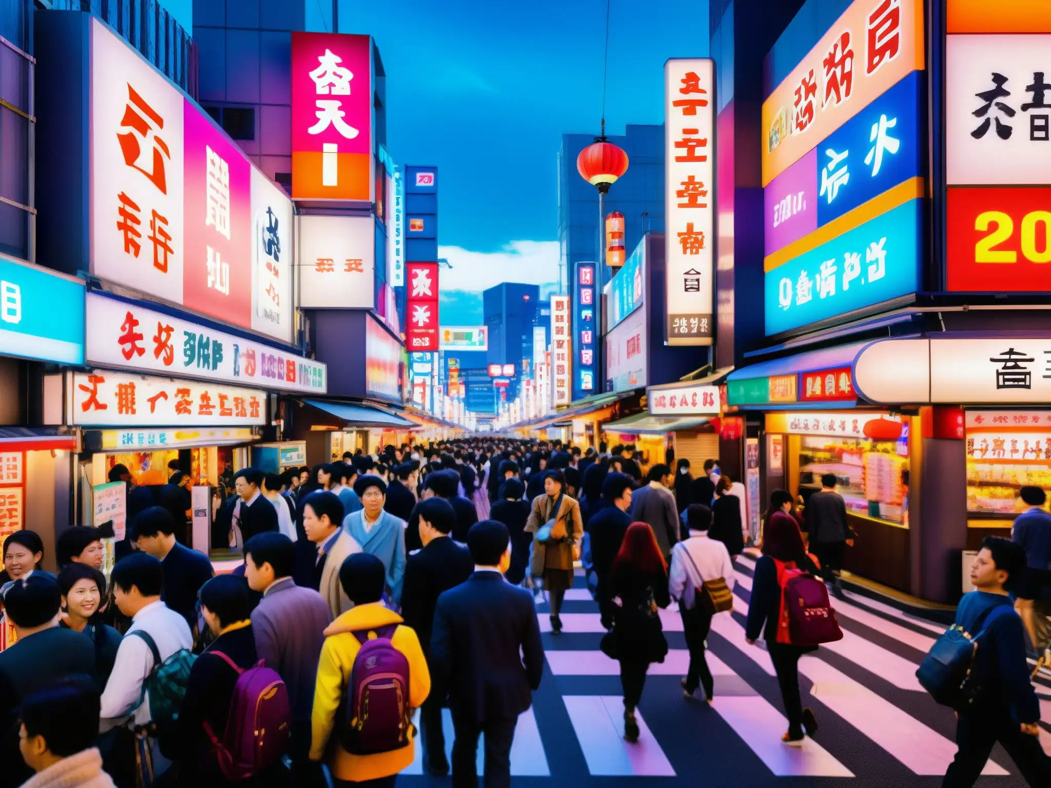 Vibrante calle en Tokio con luces de neón, multitud de personas explorando la ciudad