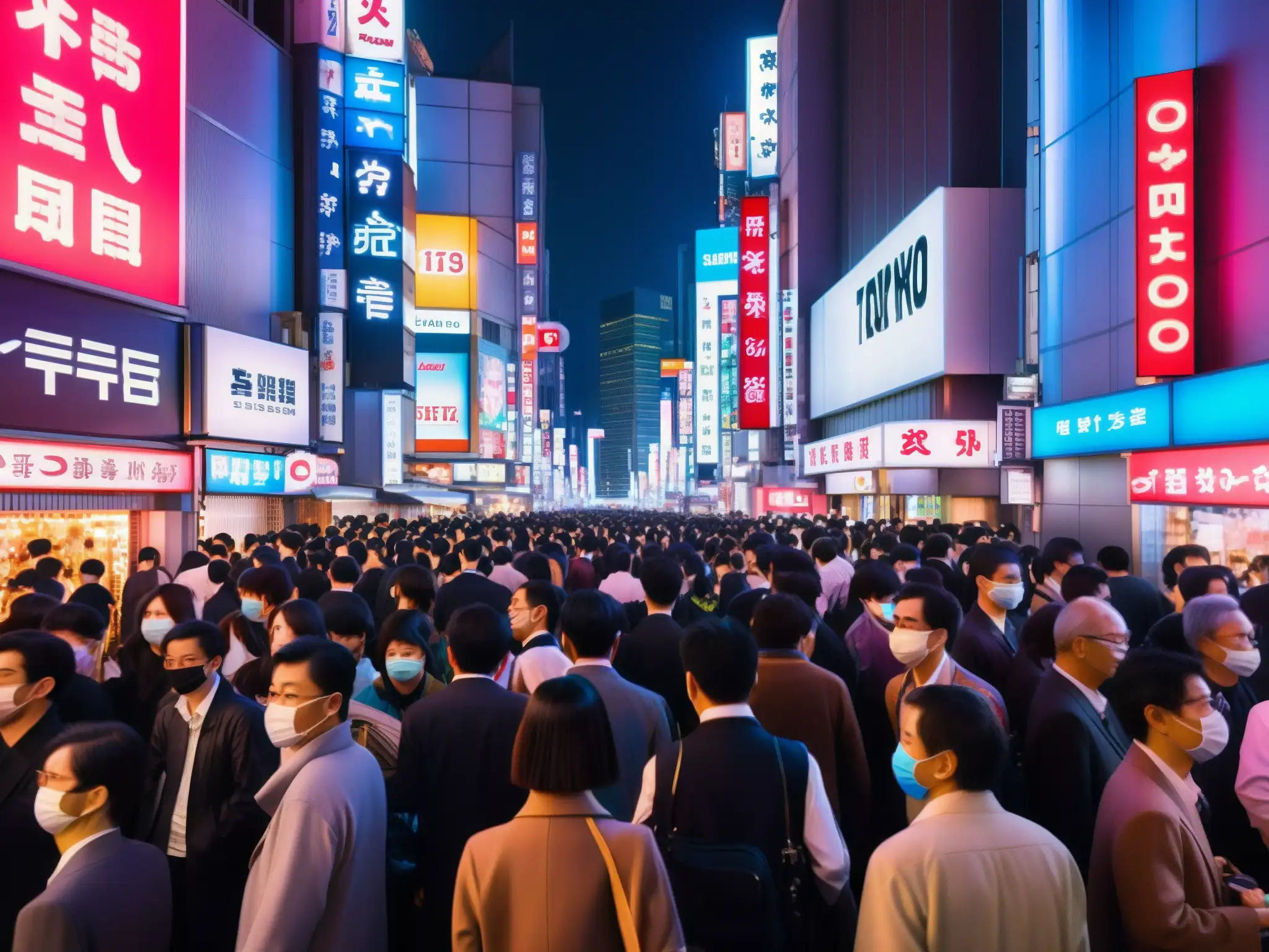 Vibrante calle de Tokio de noche, llena de luces de neón y gente