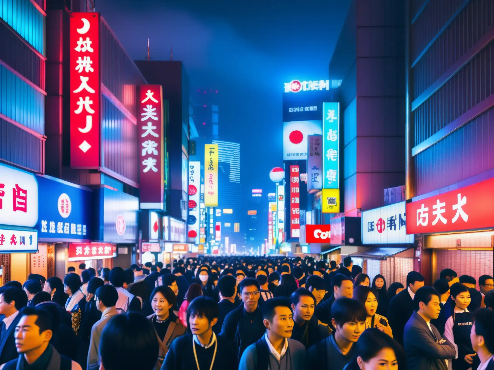 Vibrante calle de Tokio de noche, con neón y multitud, mezcla de tradición y modernidad, capturando la atmósfera misteriosa de Japón urbano