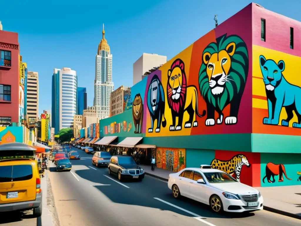 Vibrante calle urbana con murales de simbolismo animal en leyendas urbanas y vida citadina moderna, inspirados en tradiciones africanas