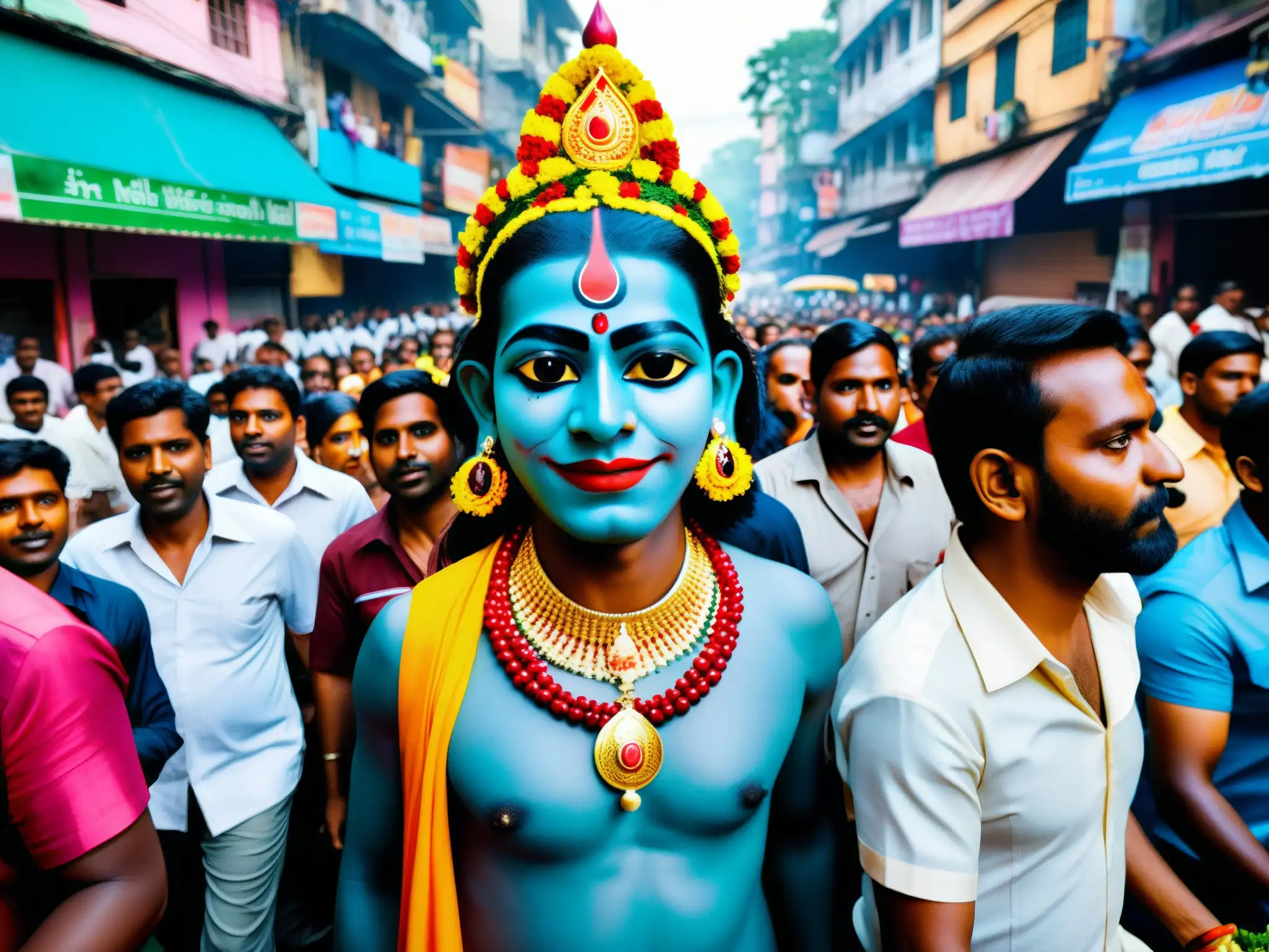 Una procesión vibrante en las calles de Calcuta, India, durante el culto a la diosa Kali, con devotos coloridos y una energía frenética