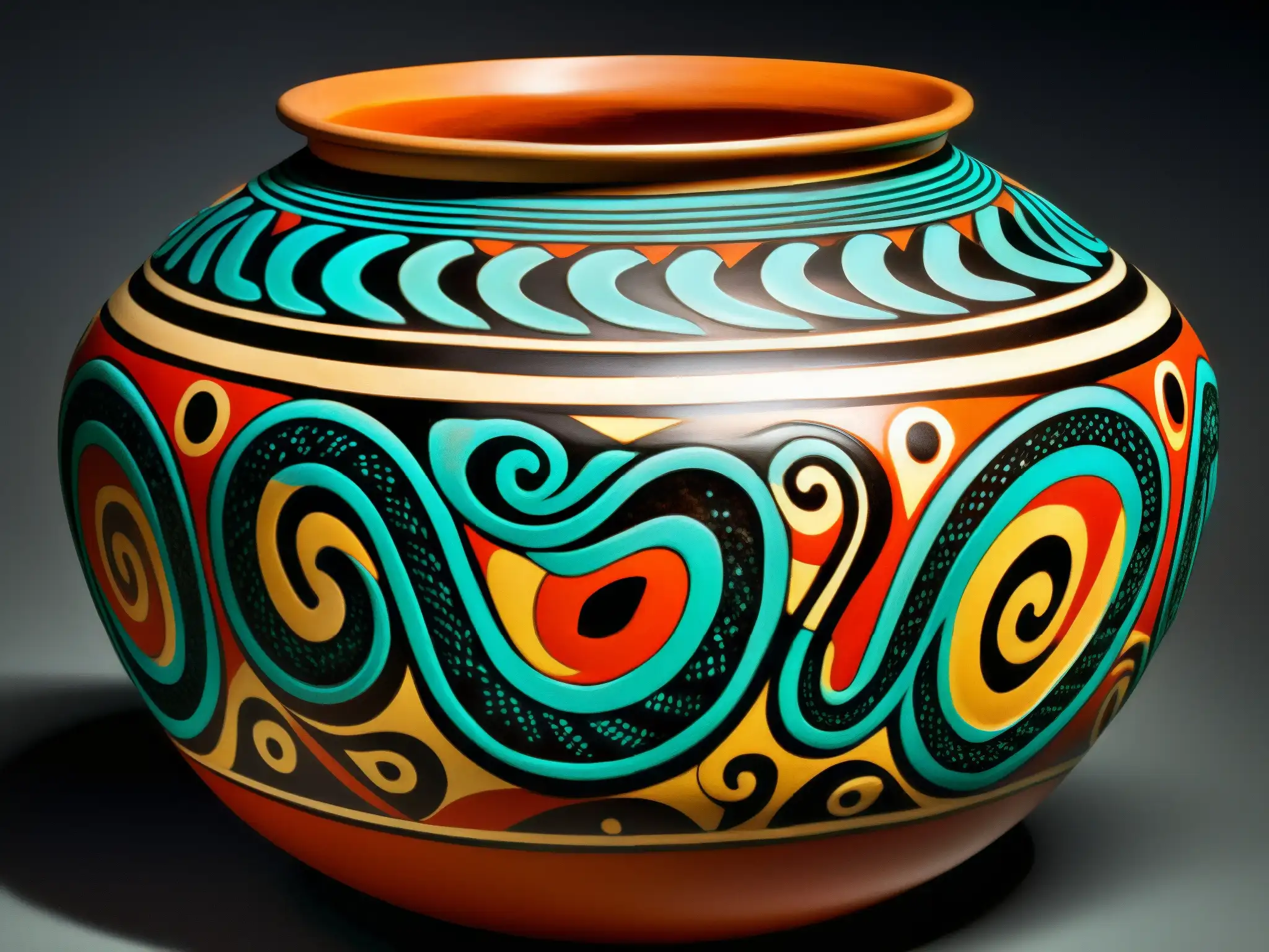 Vibrante cerámica precolombina con motivos de serpientes, reflejando el origen y significado del culto a la serpiente en Moundville