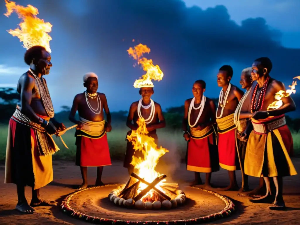 Vibrante ceremonia de danza alrededor del fuego con espíritus Kakamega Kenia rituales ancestrales