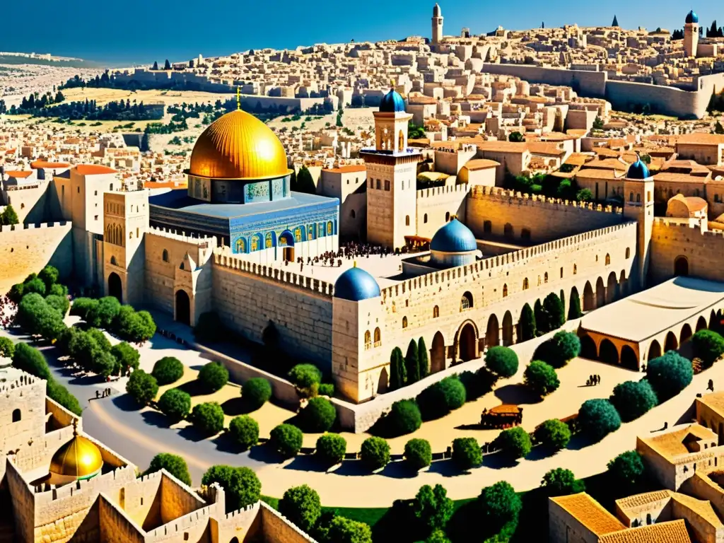 Vibrante ilustración de la ciudad medieval de Jerusalén durante las Cruzadas, con una mezcla de culturas y tensiones religiosas