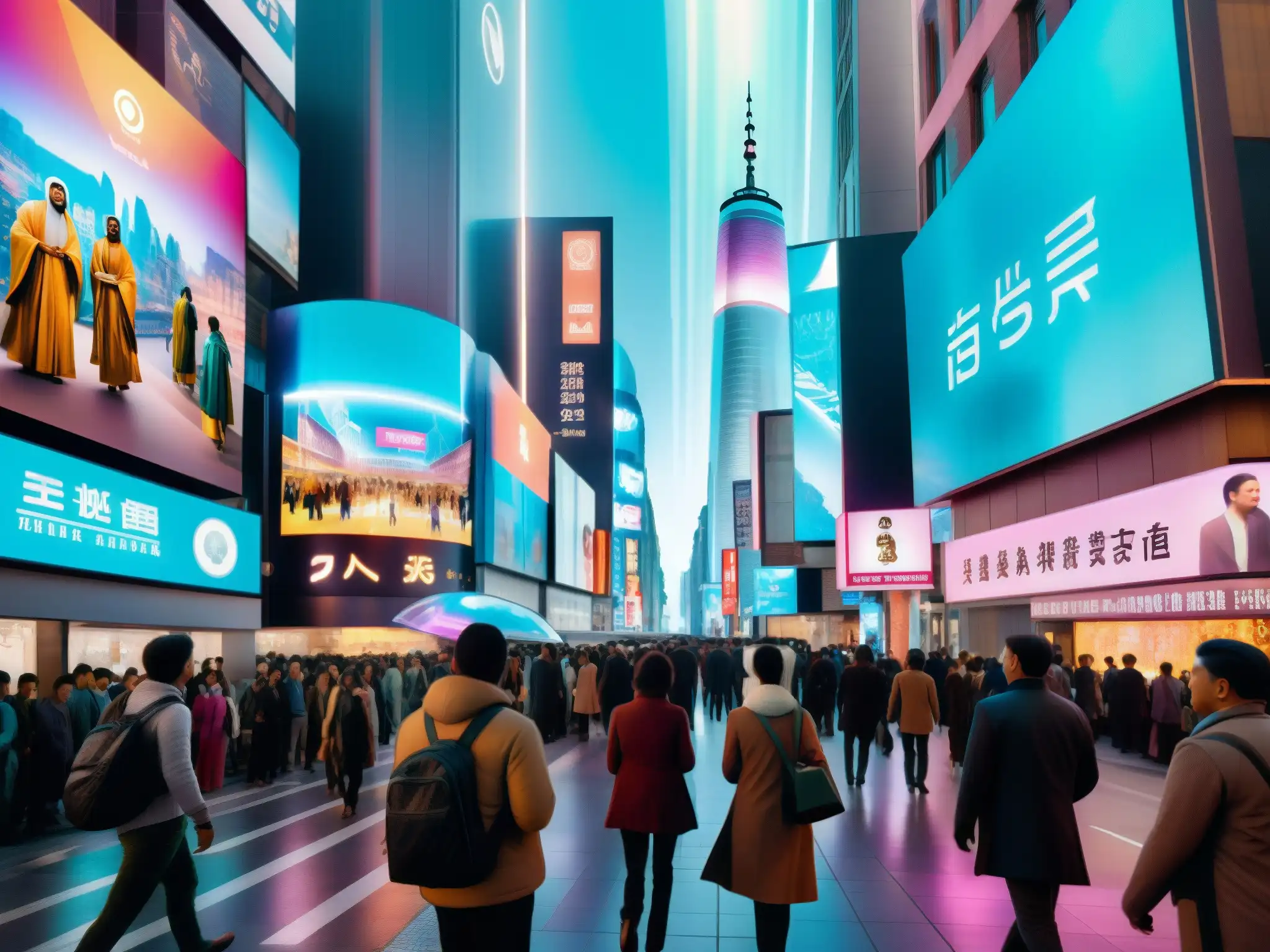 Vibrante ciudad futurista con hologramas religiosos y tecnológicos, Proyecto Blue Beam religión tecnología