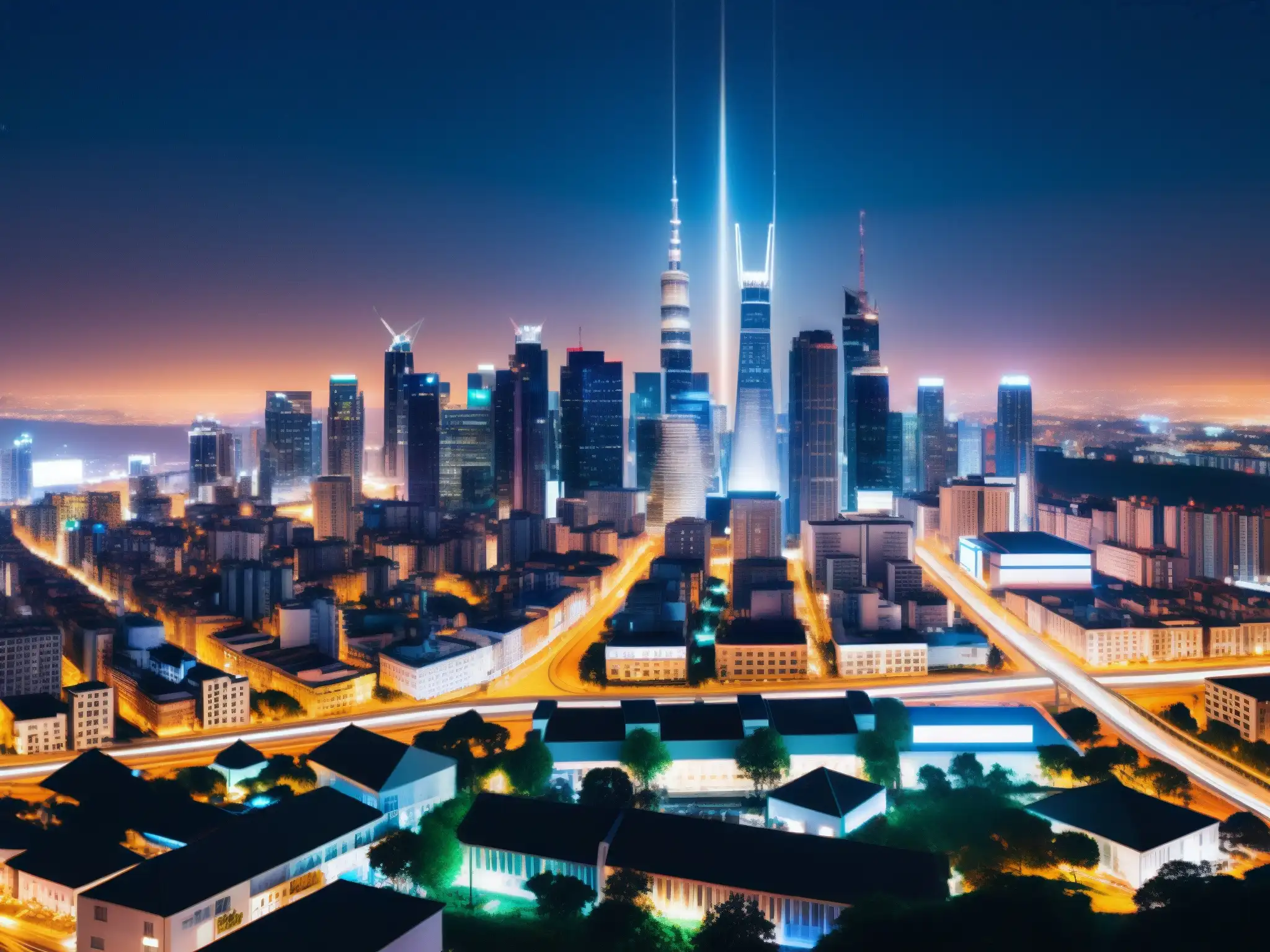 Vibrante ciudad nocturna con torres 5G iluminadas, simbolizando la integración tecnológica y la teoría conspiración 5G amenaza innovadora
