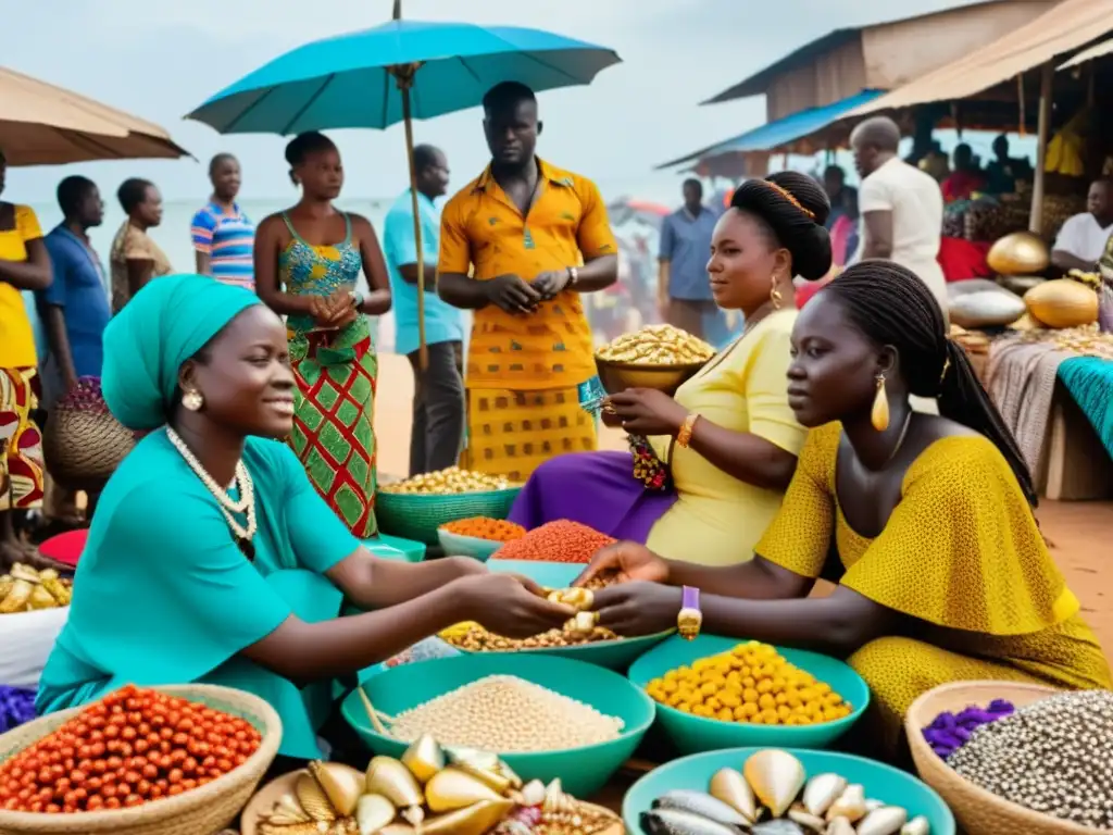Una vibrante escena de un bullicioso mercado en Ghana, con colores intensos y vendedores ofreciendo artículos tradicionales