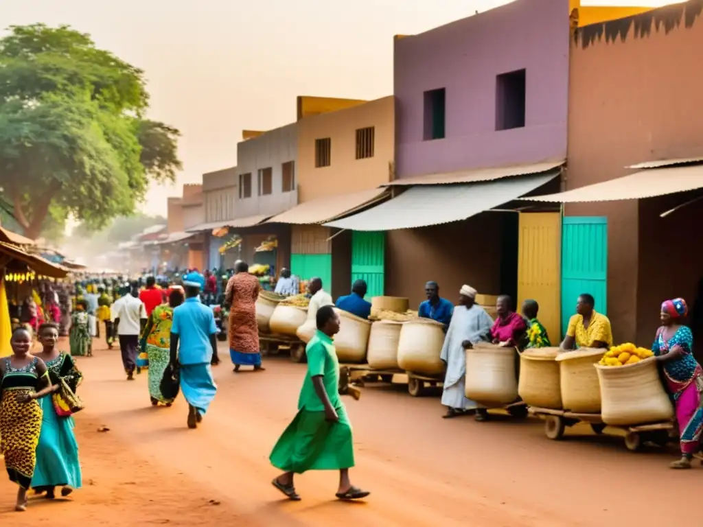 Vibrante escena callejera en Bamako, Mali, con espíritus ancestrales, danzas y bullicio de mercado al atardecer