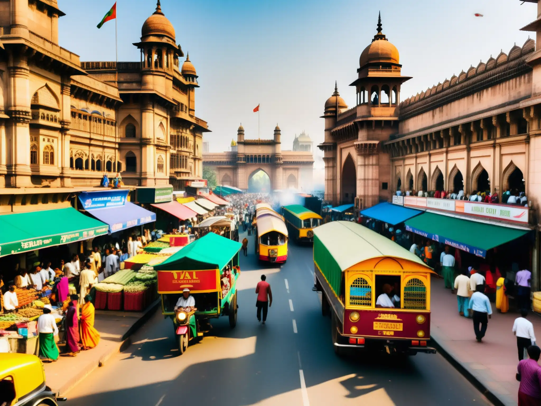 Vibrante escena callejera en Bombay, India, con colores y gente diversa, capturando la energía y riqueza cultural de la ciudad