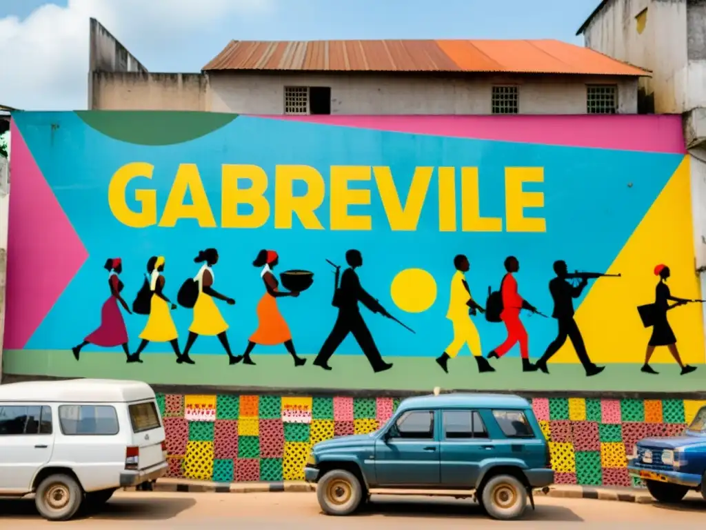 Vibrante escena callejera en Libreville, Gabón, con un mural del Soldado sin nombre que simboliza su legado en la cultura gabonesa moderna