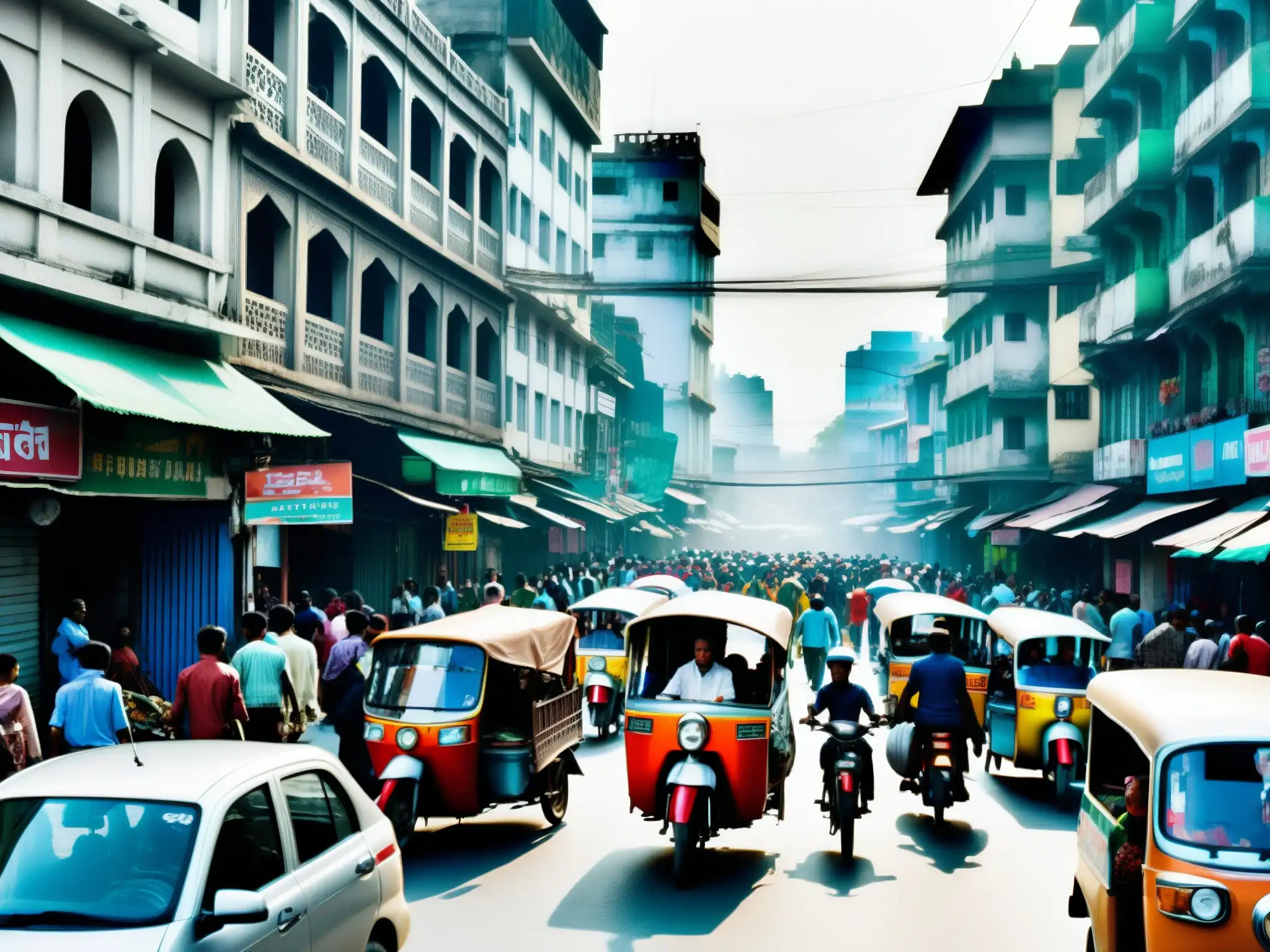Vibrante escena callejera en Bangladesh con rickshaws, peatones y vendedores