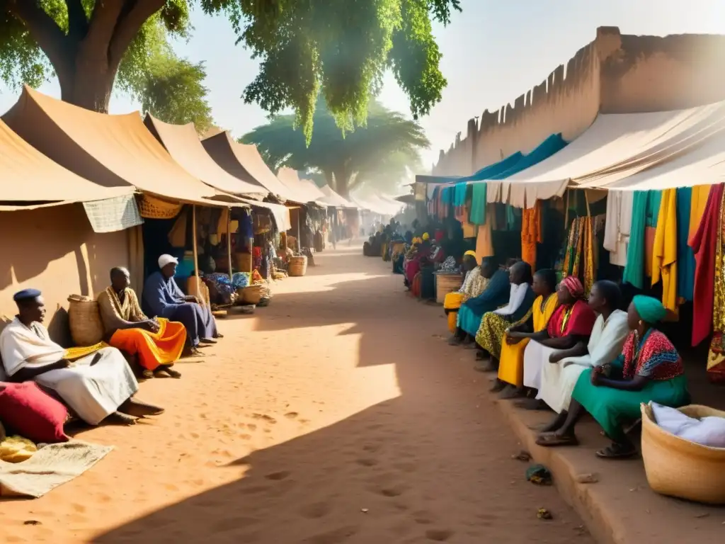 Vibrante escena callejera en Senegal con mercado y cuentacuentos bajo un árbol