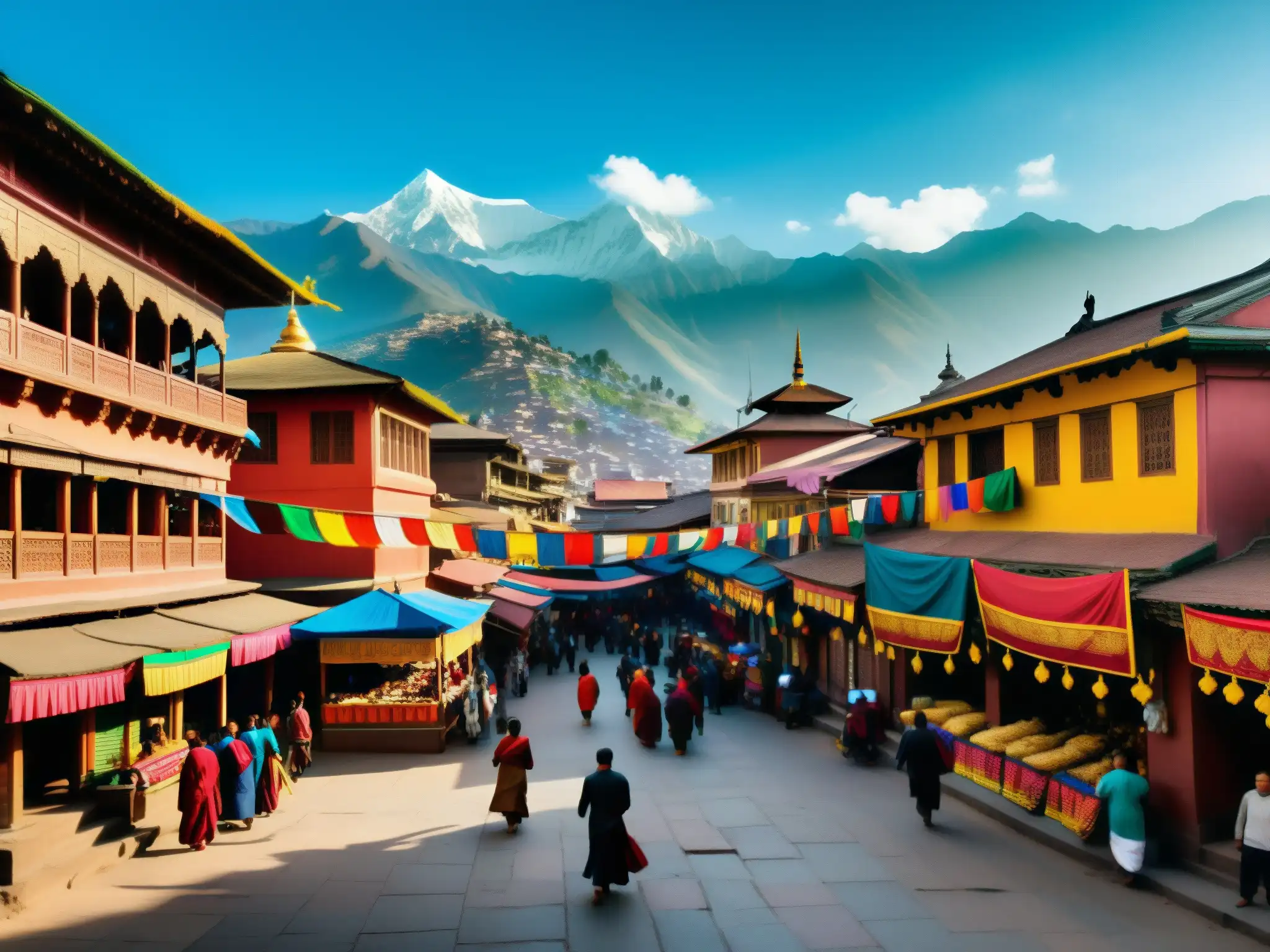Vibrante escena de las calles de Kathmandu, Nepal, con mercados bulliciosos, arquitectura tradicional y gente vestida con trajes típicos