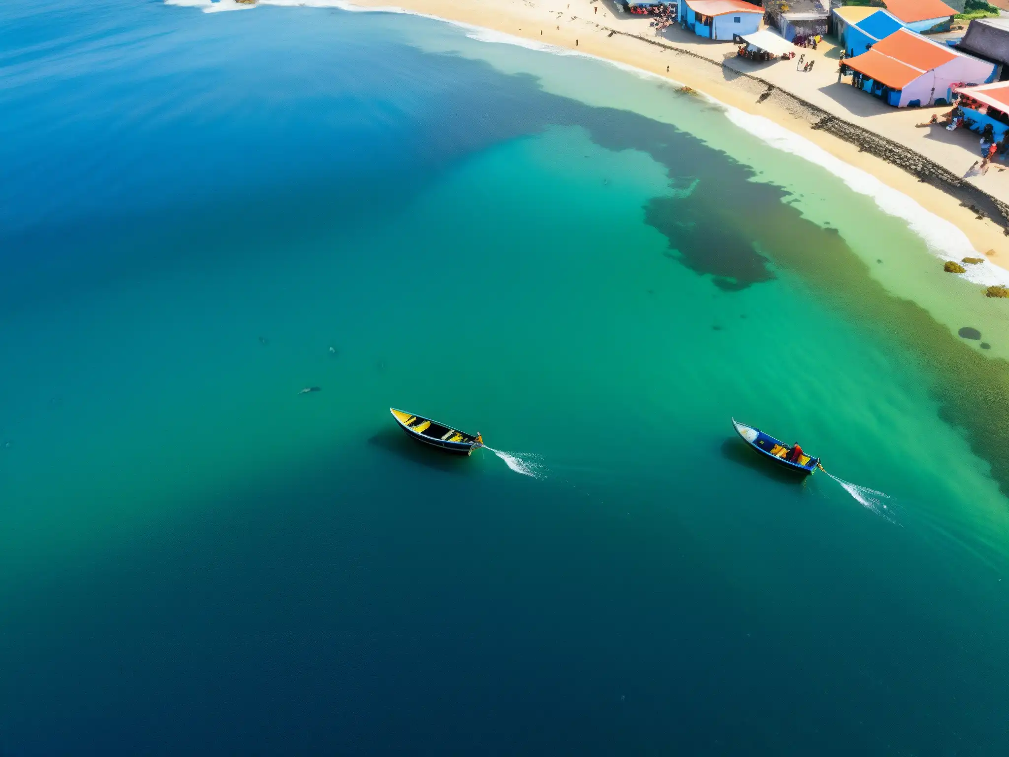 Vibrante escena costera en Veracruz, con pescadores locales y coloridos barcos
