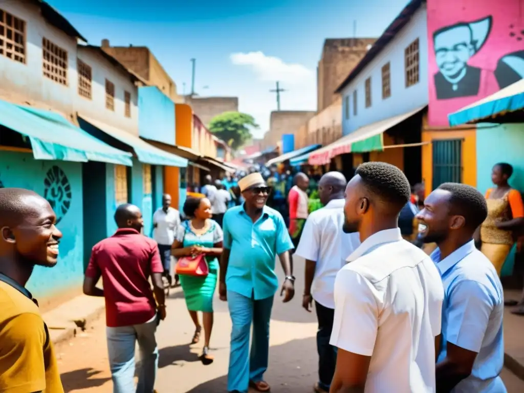 Vibrante escena urbana africana con mercados bulliciosos, grafitis coloridos y gente en animadas conversaciones