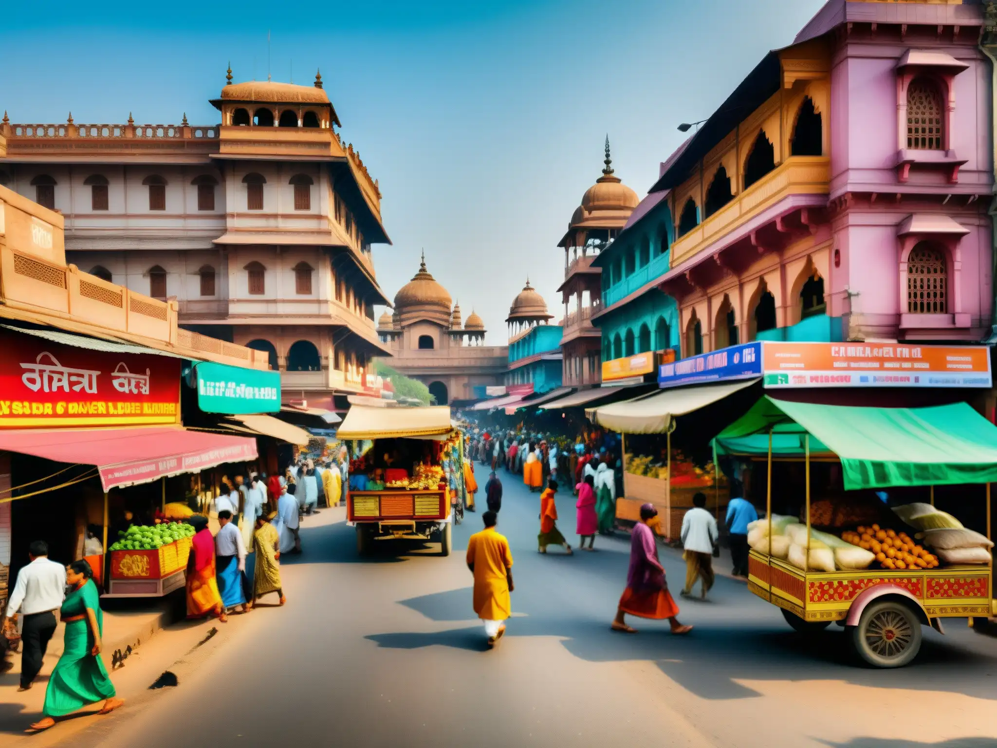 Vibrante escena urbana en la India, muestra la vida cotidiana y la cultura hindú moderna