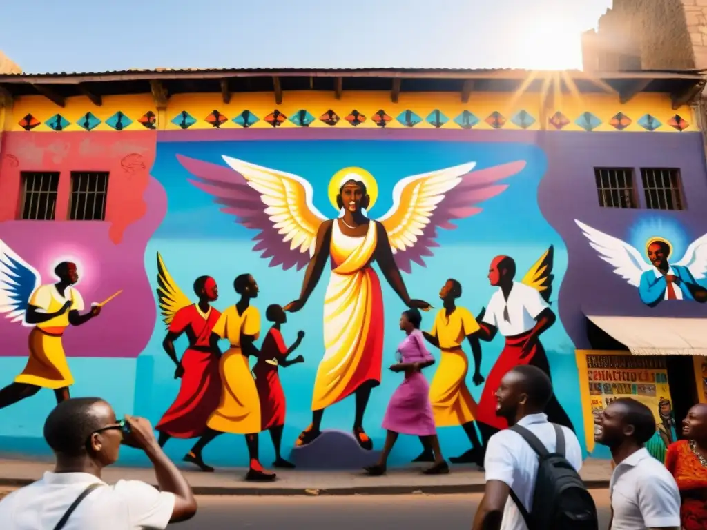 Vibrante escena urbana en África con murales de ángeles y demonios