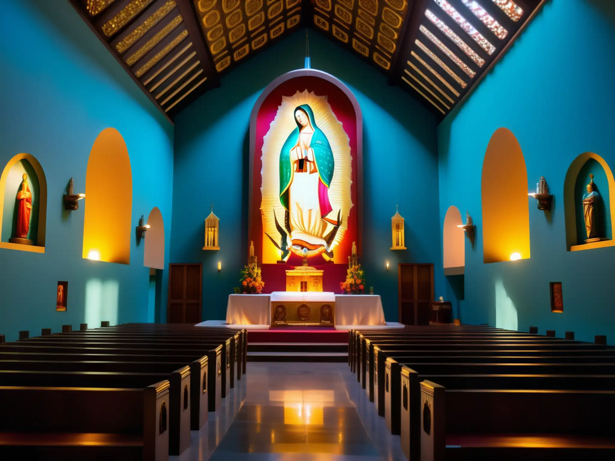 Vibrante iconografía religiosa iluminada en la Basílica de Guadalupe, con atmósfera de misterio y espiritualidad