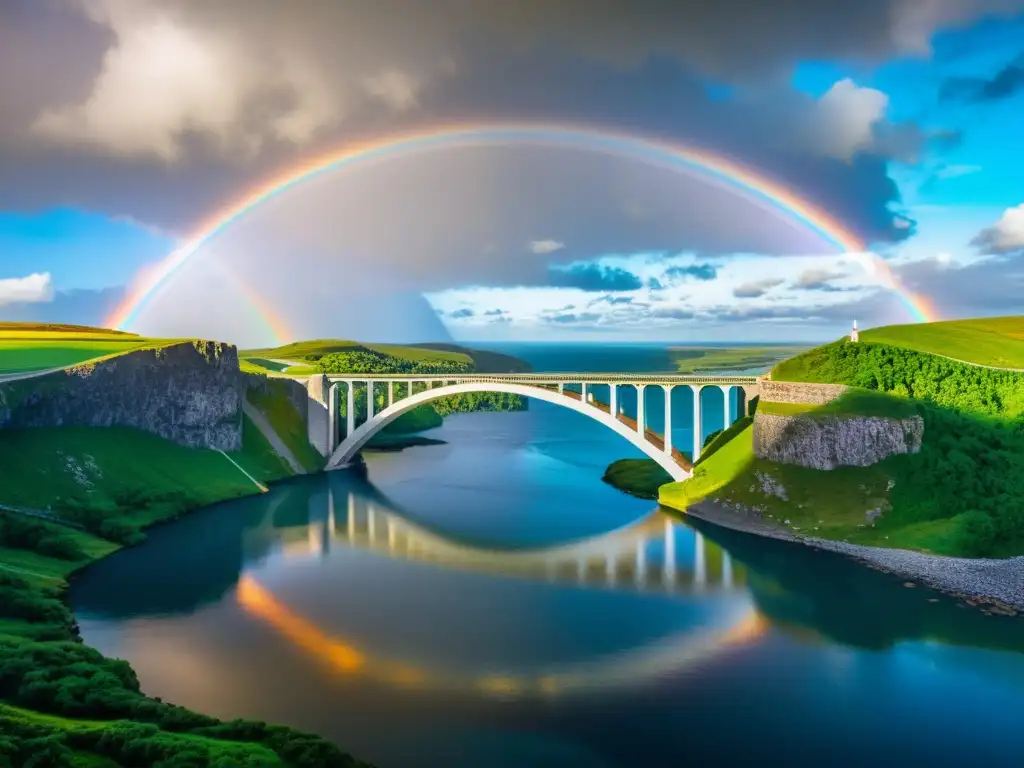 Vibrante representación en 8k de la leyenda nórdica Bifröst, el puente arcoíris, evocando asombro y misterio