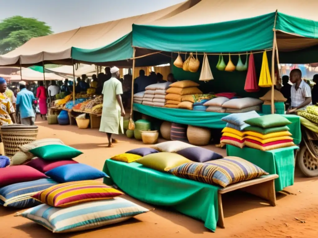 Vibrante mercado de Bamako, Mali, con apariciones fantasmales entre puestos de colores y telas vibrantes