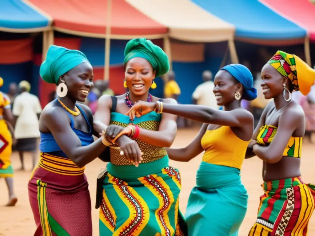Un vibrante mercado en Benín, donde mujeres danzan con gracia en atuendos tradicionales
