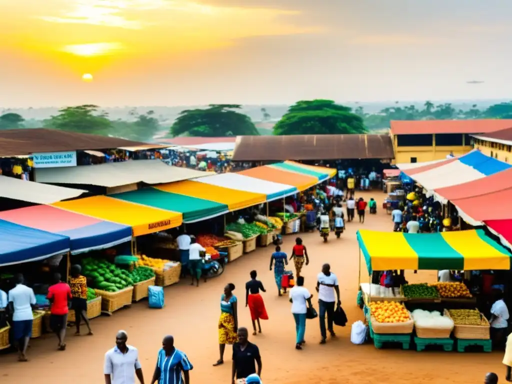 Un vibrante mercado en Accra, Ghana, con puestos coloridos vendiendo productos diversos
