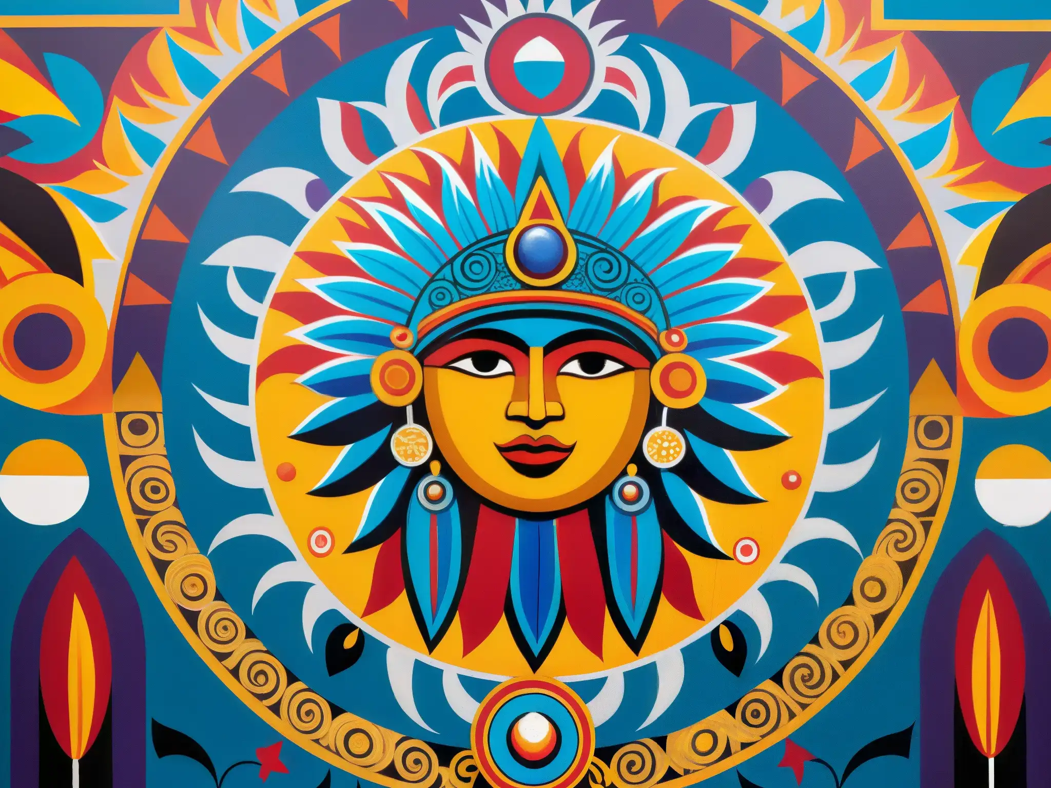 Un vibrante mural de las deidades aztecas del sol y la luna, rodeado de patrones geométricos, plumas y joyas