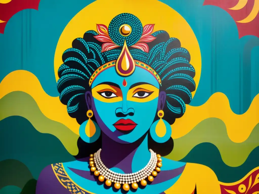 Vibrante mural de la legendaria Sirena Mami Wata en Accra, Ghana, con colores intensos y patrones detallados que capturan su mística