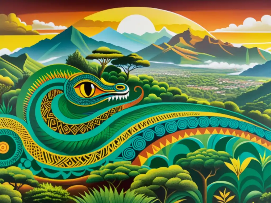 Vibrante mural de la leyenda de la serpiente gigante en Etiopía, rodeado de exuberante vegetación y montañas imponentes, capturando su esencia mística