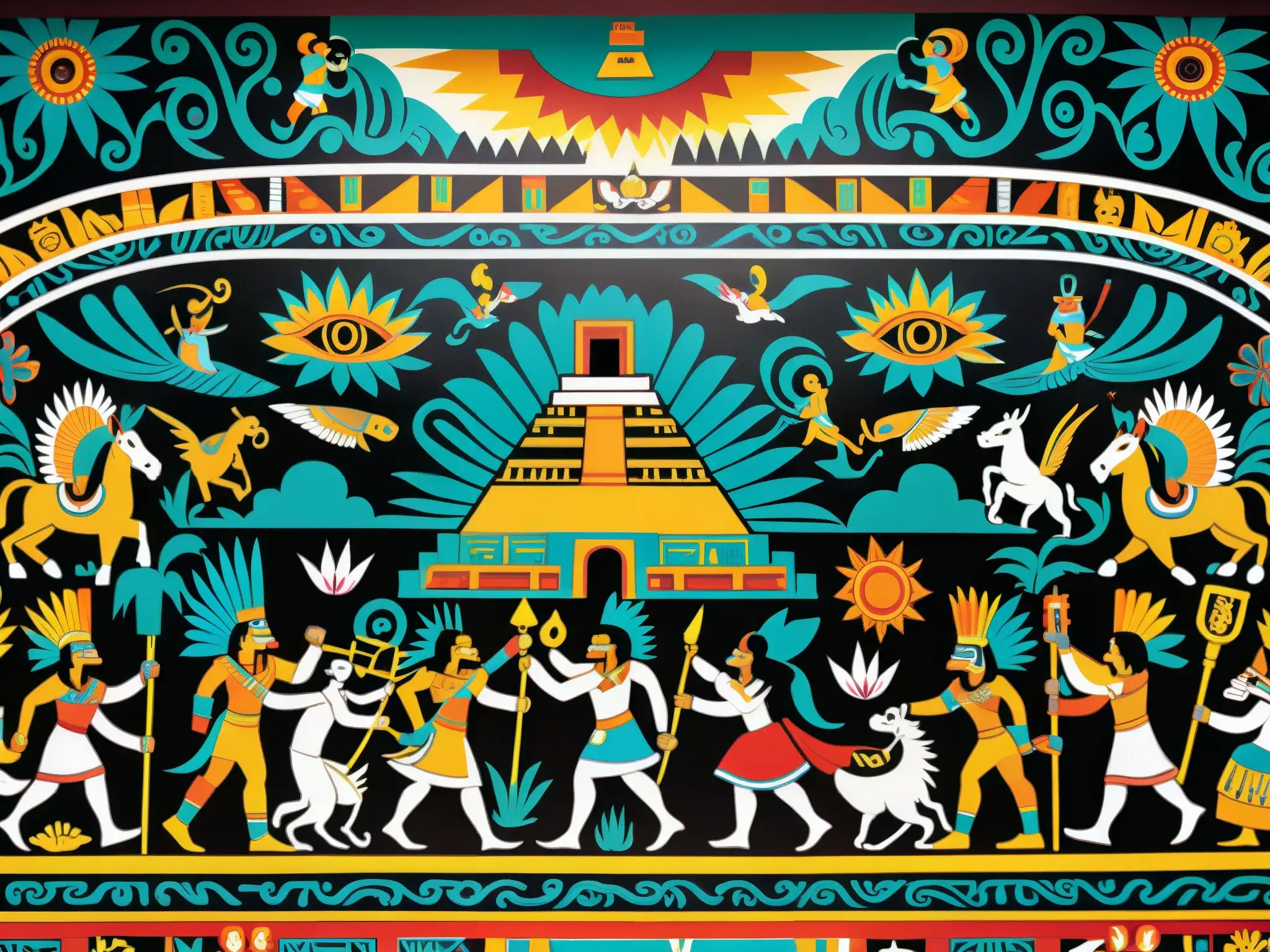 Un vibrante mural representa el Mictlán azteca, lleno de colores y detalles que narran mitos y leyendas urbanas del Mictlán