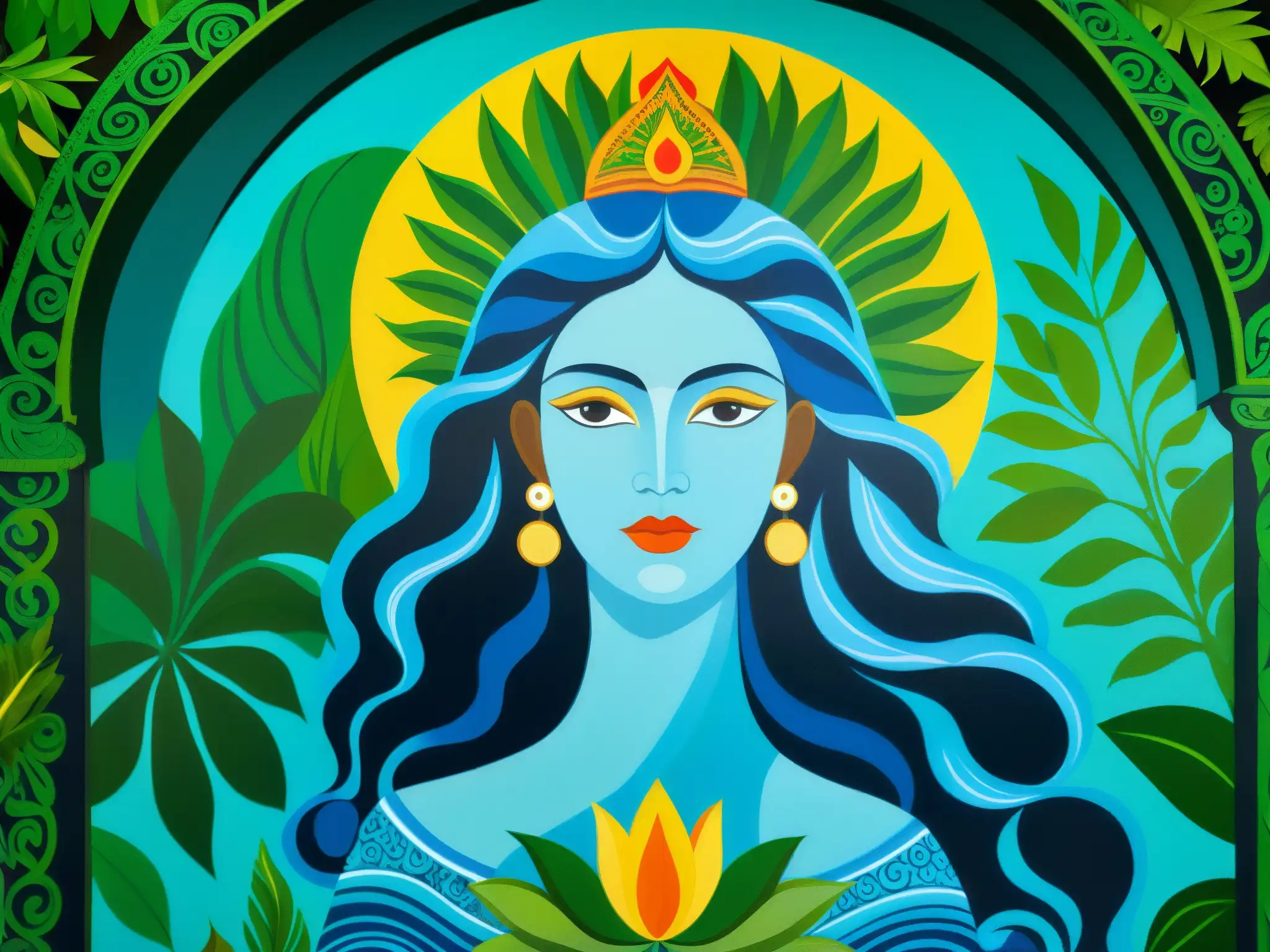 Vibrante mural muestra a la Madre de Agua en la mitología sudamericana, rodeada de naturaleza exuberante y símbolos indígenas