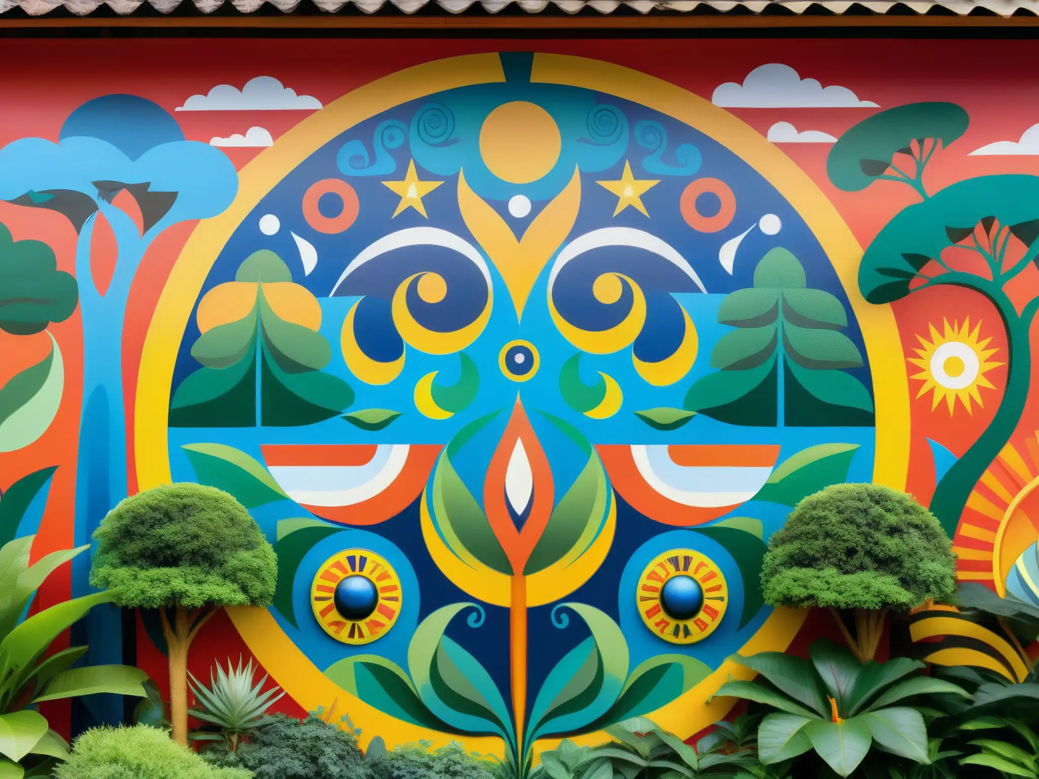 Vibrante mural del mito de la creación guaraní, con detalles de Tupã creando el mundo y la gente, rodeado de exuberante naturaleza y fauna colorida